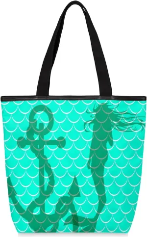 Mermaid Scale Teal Turquoise Canvas Tote Bag for Women Shoulder Bag Canvas Handbags Purse with Zipper Pockets College Book Tote Bag Work Totebag