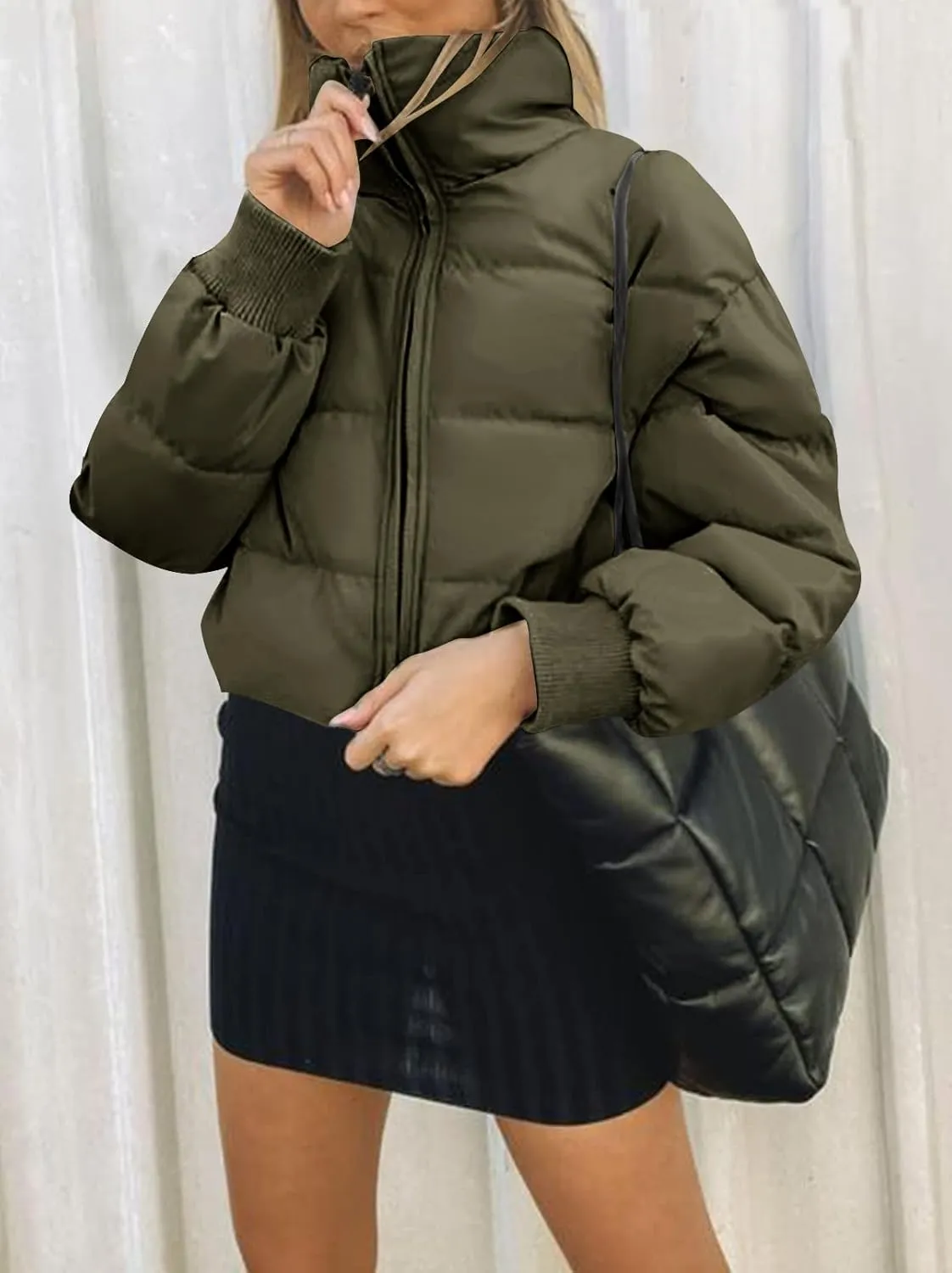 MEROKEETY Women's Winter Cropped Puffer Jacket Long Sleeve Oversized Stand Collar Zip-Up Short Coat