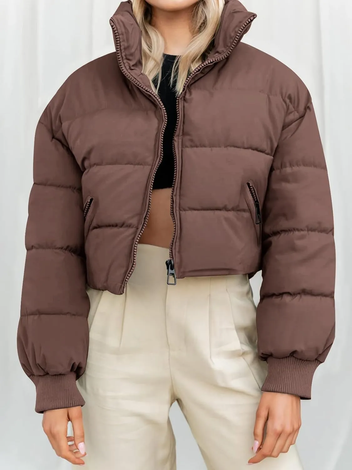 MEROKEETY Women's Winter Cropped Puffer Jacket Long Sleeve Oversized Stand Collar Zip-Up Short Coat
