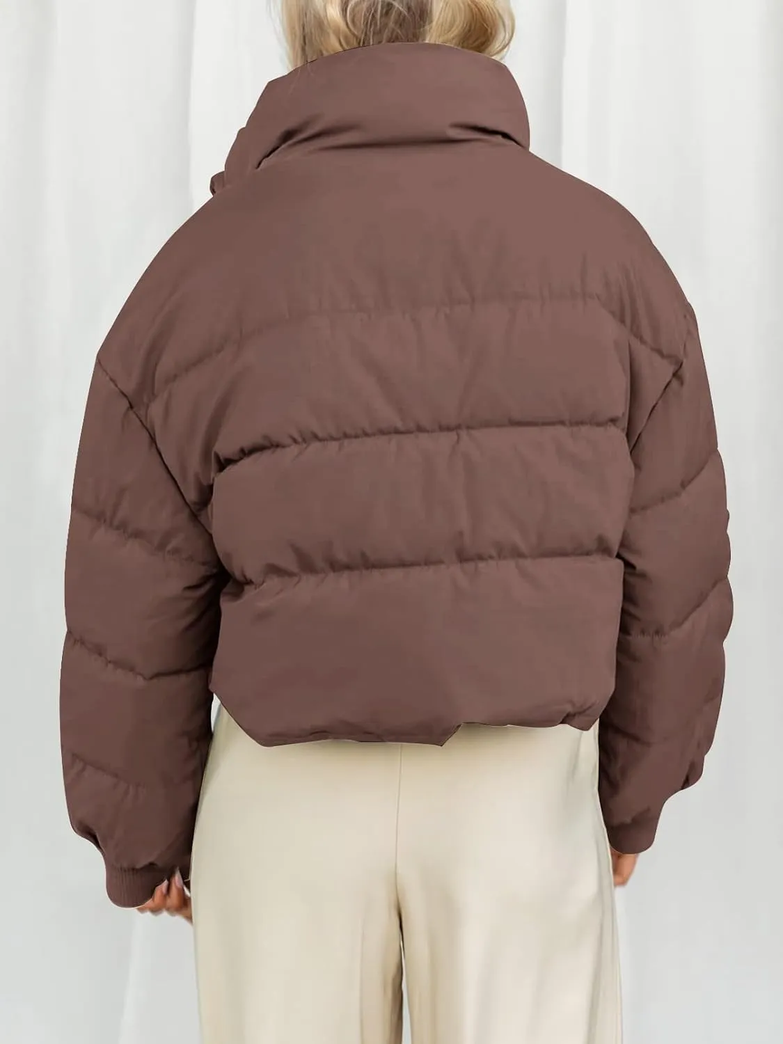 MEROKEETY Women's Winter Cropped Puffer Jacket Long Sleeve Oversized Stand Collar Zip-Up Short Coat