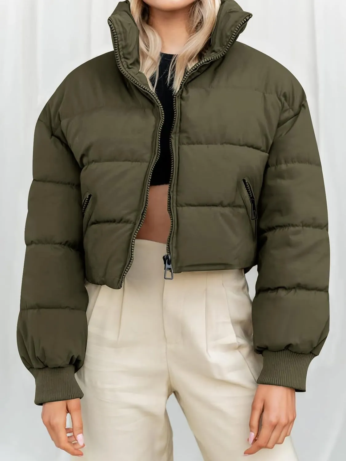 MEROKEETY Women's Winter Cropped Puffer Jacket Long Sleeve Oversized Stand Collar Zip-Up Short Coat