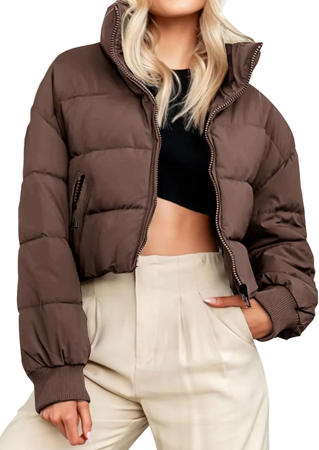 MEROKEETY Women's Winter Cropped Puffer Jacket Long Sleeve Oversized Stand Collar Zip-Up Short Coat