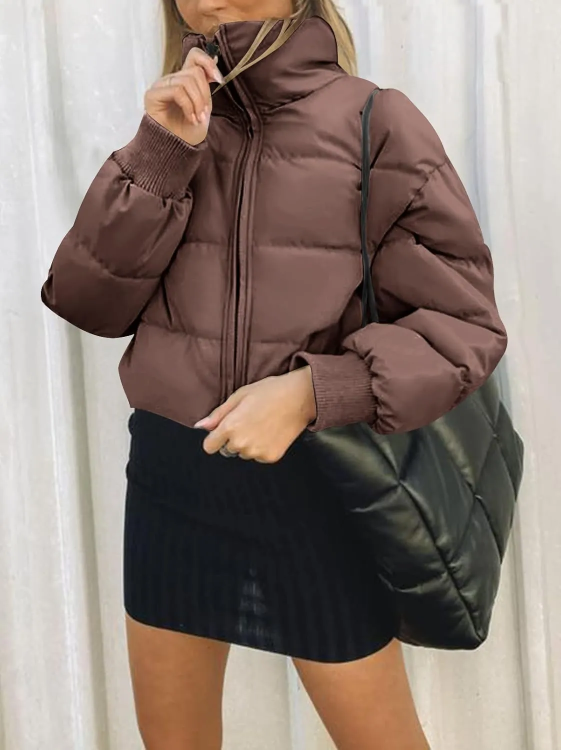 MEROKEETY Women's Winter Cropped Puffer Jacket Long Sleeve Oversized Stand Collar Zip-Up Short Coat