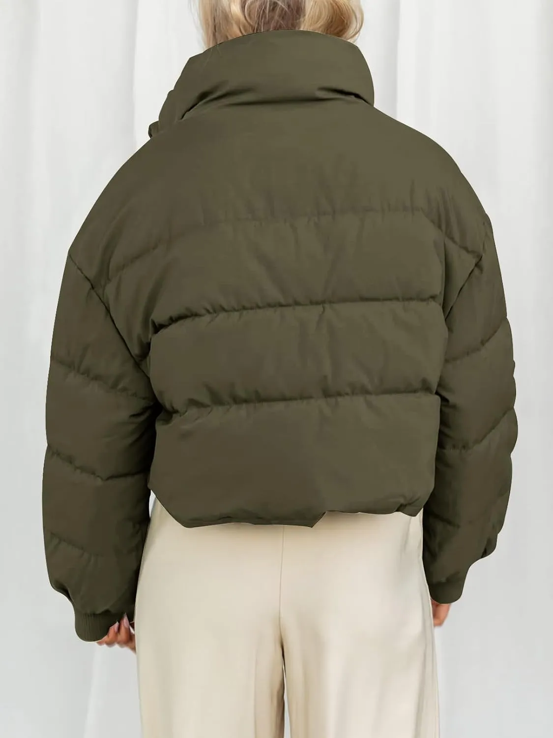 MEROKEETY Women's Winter Cropped Puffer Jacket Long Sleeve Oversized Stand Collar Zip-Up Short Coat