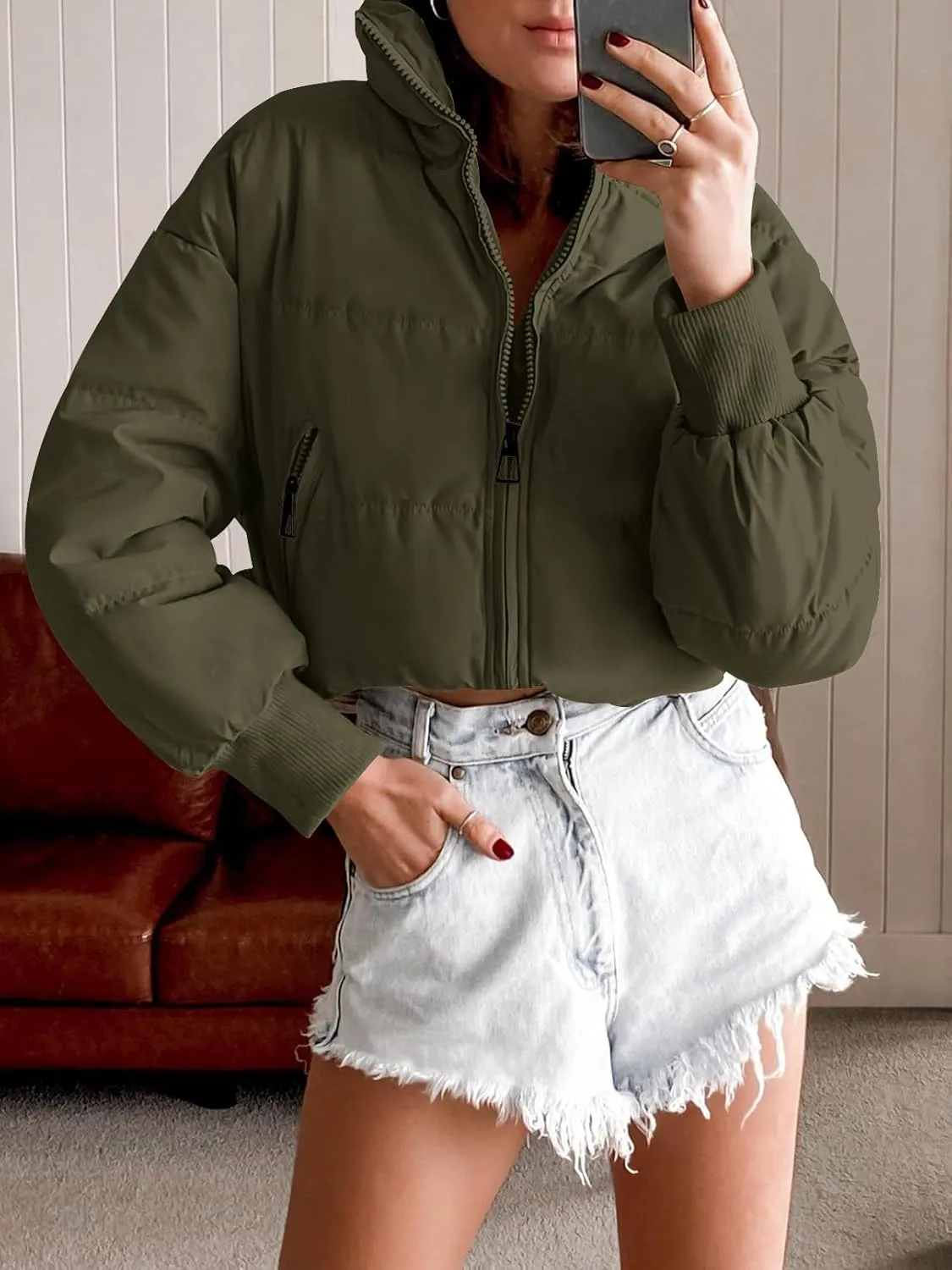 MEROKEETY Women's Winter Cropped Puffer Jacket Long Sleeve Oversized Stand Collar Zip-Up Short Coat