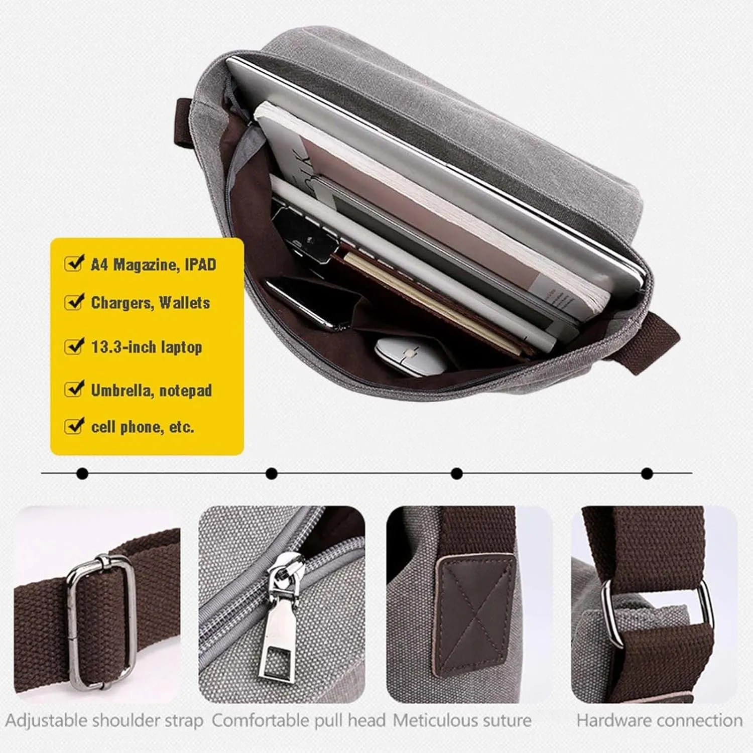 Messenger Bag for Men Canvas Crossbody Bag Shoulder Bag Men Rugged Satchel Shoulder Bag Suitable for Leisure, Work