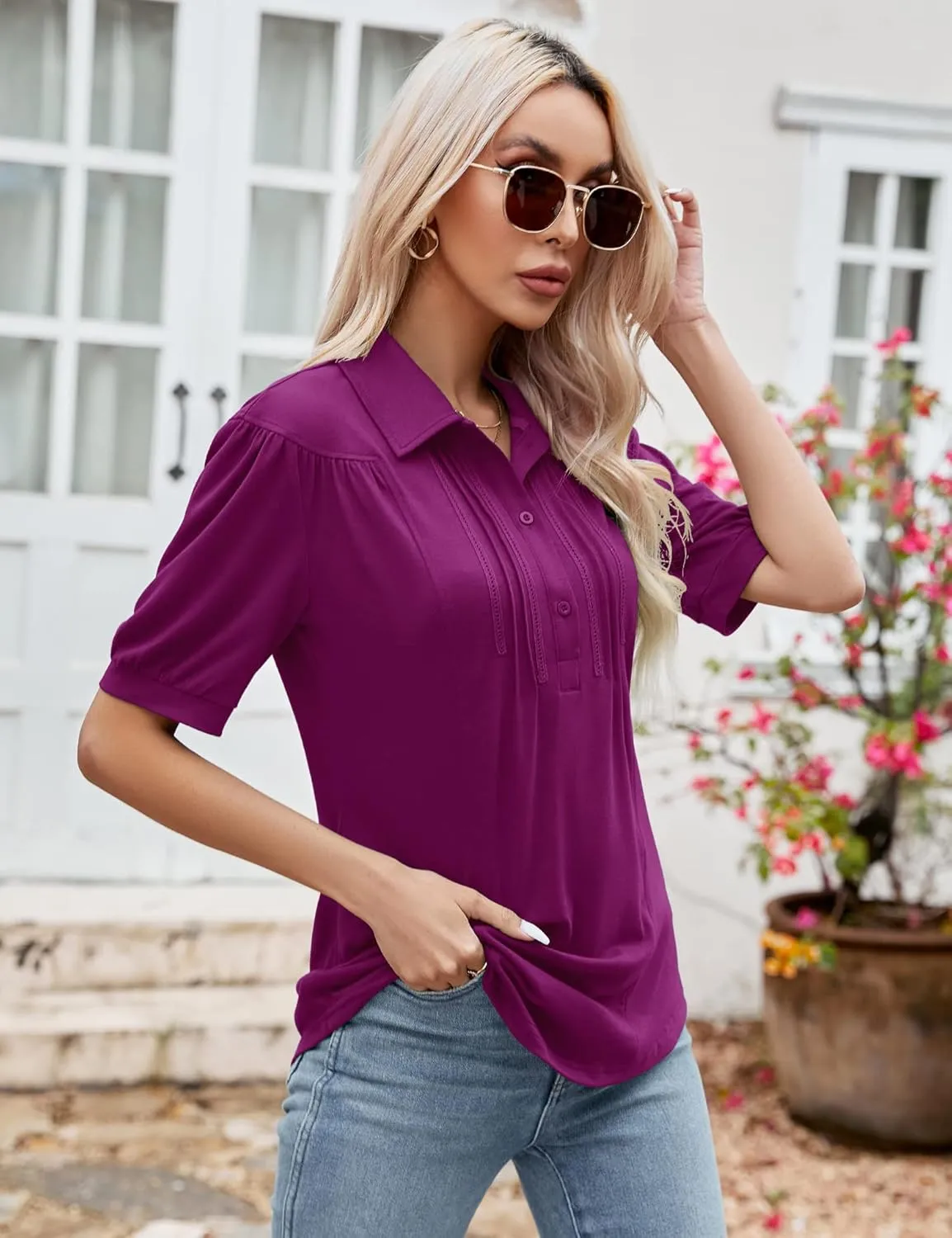 Micoson Womens Blouses Dressy Casual Short Sleeve Button Down Collared Polo Shirt Loose Tunic 2023 Summer Tops
