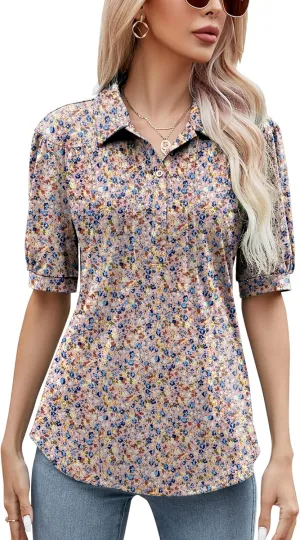 Micoson Womens Blouses Dressy Casual Short Sleeve Button Down Collared Polo Shirt Loose Tunic 2023 Summer Tops