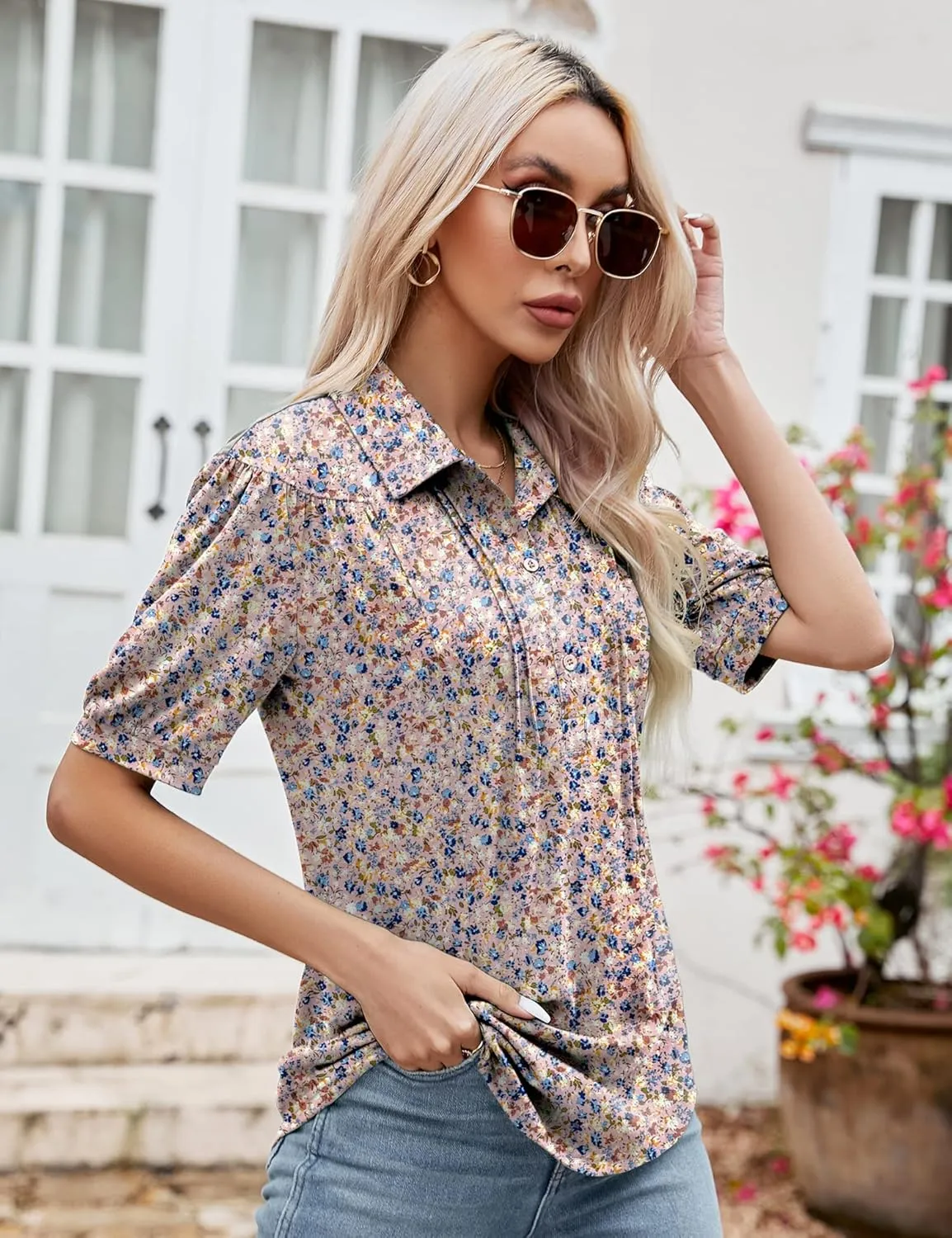 Micoson Womens Blouses Dressy Casual Short Sleeve Button Down Collared Polo Shirt Loose Tunic 2023 Summer Tops