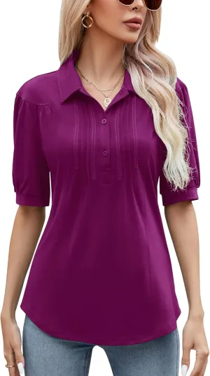 Micoson Womens Blouses Dressy Casual Short Sleeve Button Down Collared Polo Shirt Loose Tunic 2023 Summer Tops