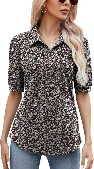 Micoson Womens Blouses Dressy Casual Short Sleeve Button Down Collared Polo Shirt Loose Tunic 2023 Summer Tops