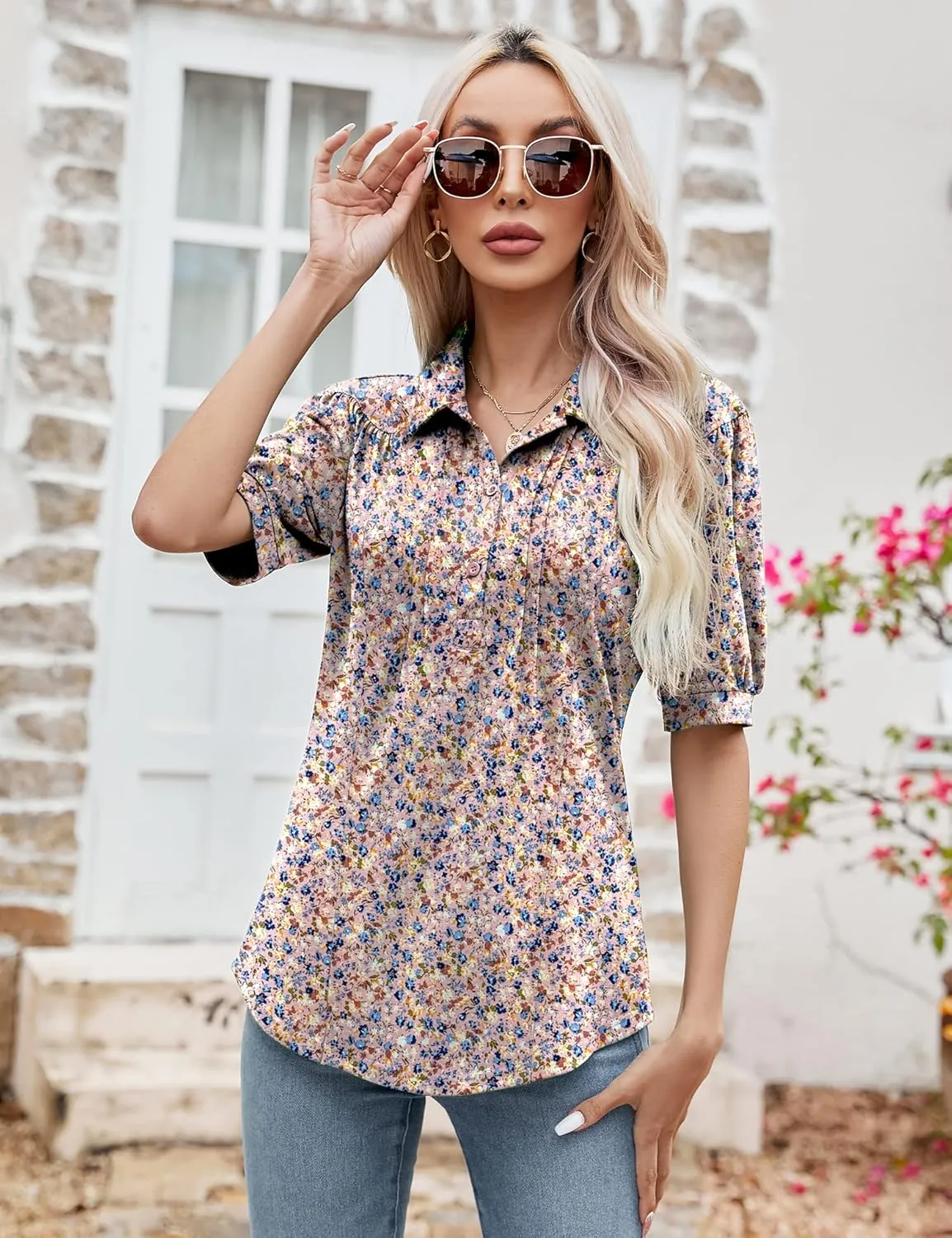 Micoson Womens Blouses Dressy Casual Short Sleeve Button Down Collared Polo Shirt Loose Tunic 2023 Summer Tops