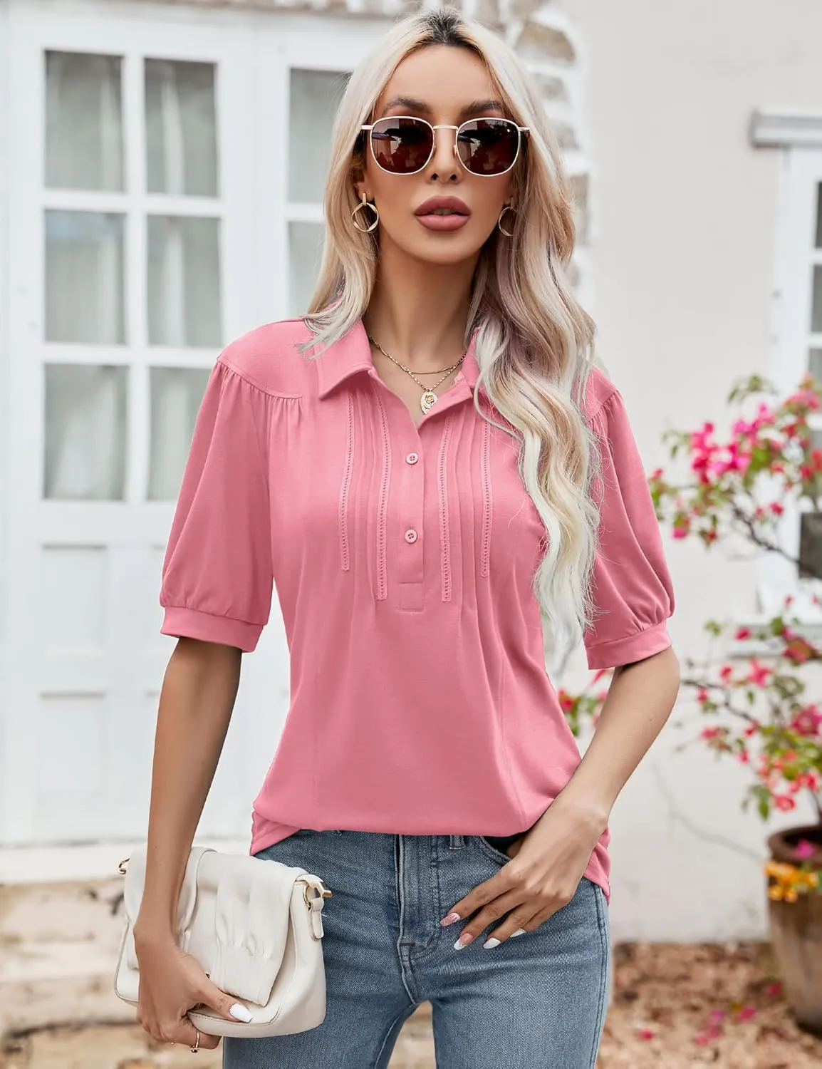 Micoson Womens Blouses Dressy Casual Short Sleeve Button Down Collared Polo Shirt Loose Tunic 2023 Summer Tops