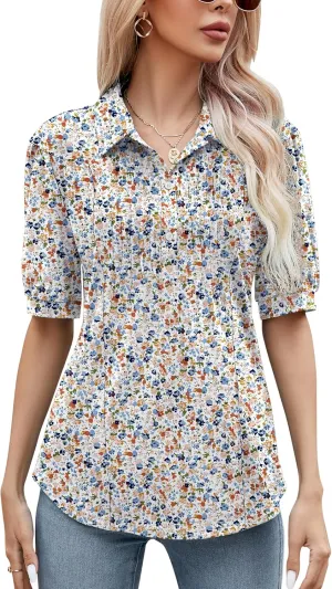 Micoson Womens Blouses Dressy Casual Short Sleeve Button Down Collared Polo Shirt Loose Tunic 2023 Summer Tops
