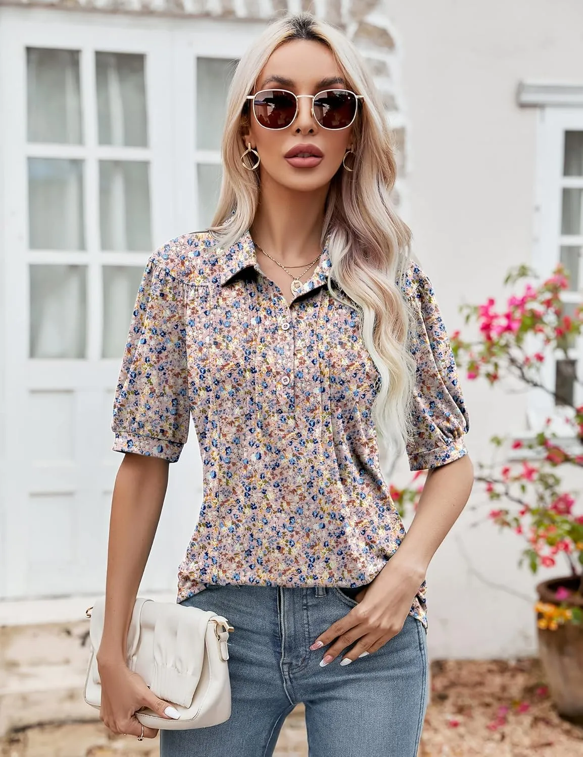 Micoson Womens Blouses Dressy Casual Short Sleeve Button Down Collared Polo Shirt Loose Tunic 2023 Summer Tops