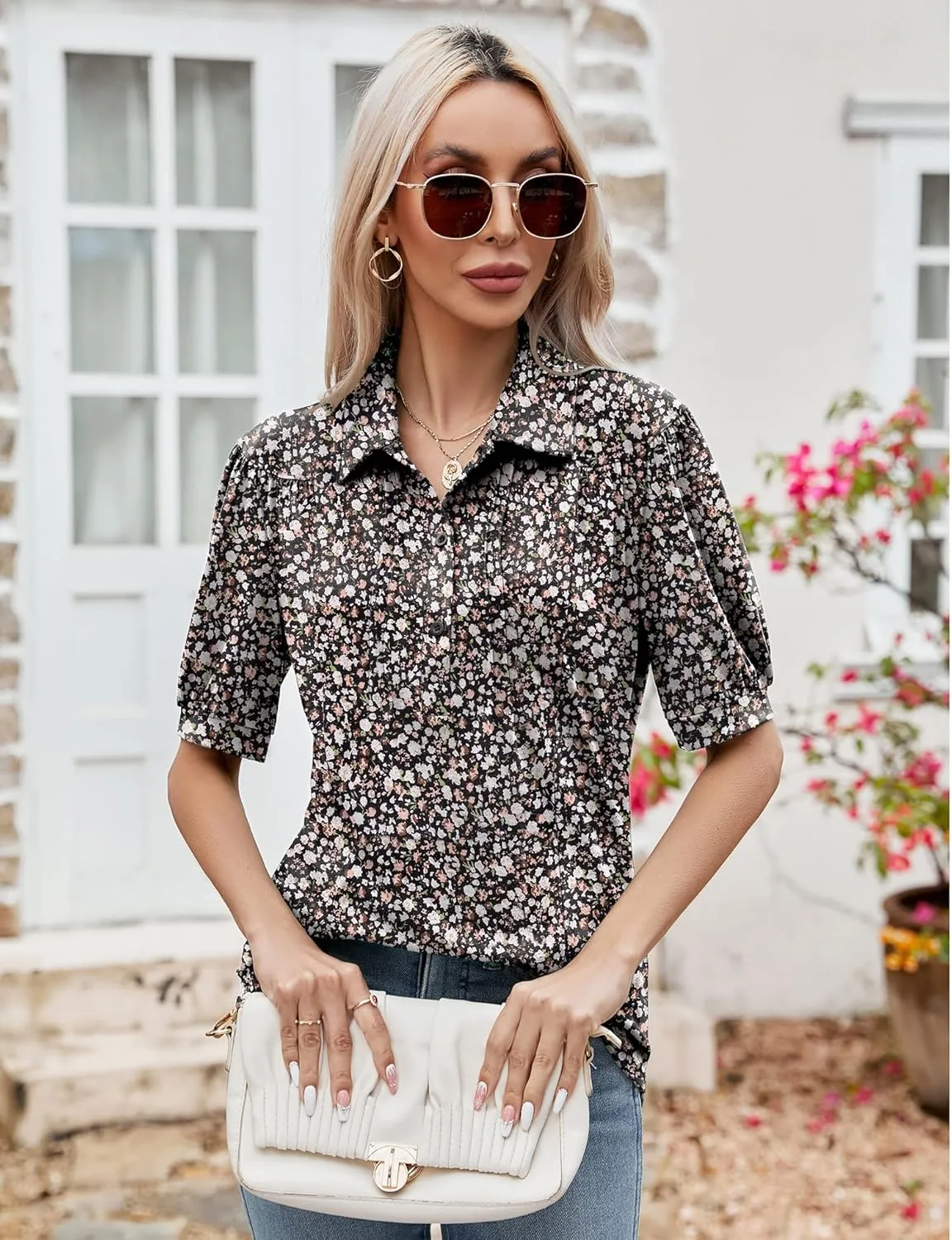 Micoson Womens Blouses Dressy Casual Short Sleeve Button Down Collared Polo Shirt Loose Tunic 2023 Summer Tops