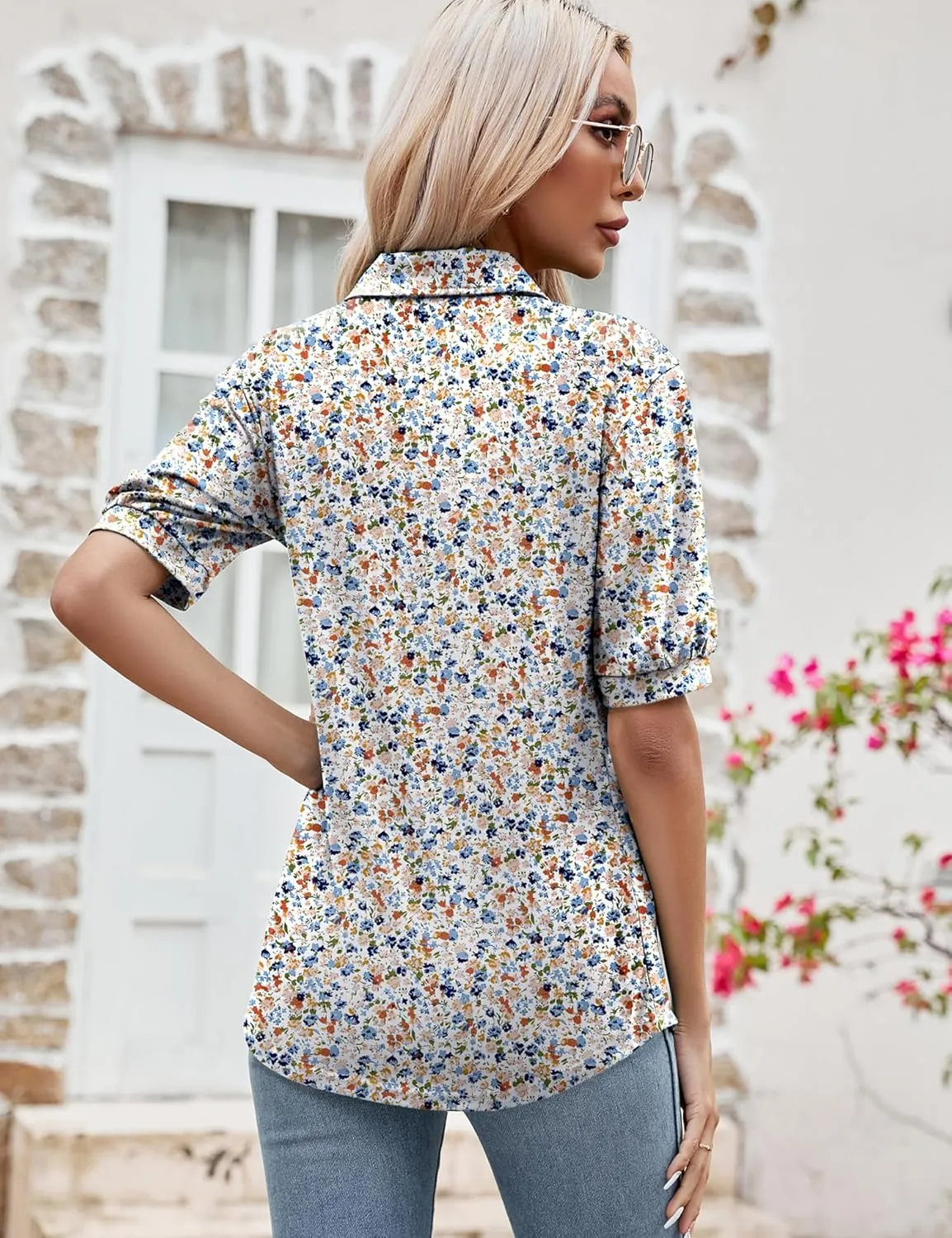Micoson Womens Blouses Dressy Casual Short Sleeve Button Down Collared Polo Shirt Loose Tunic 2023 Summer Tops
