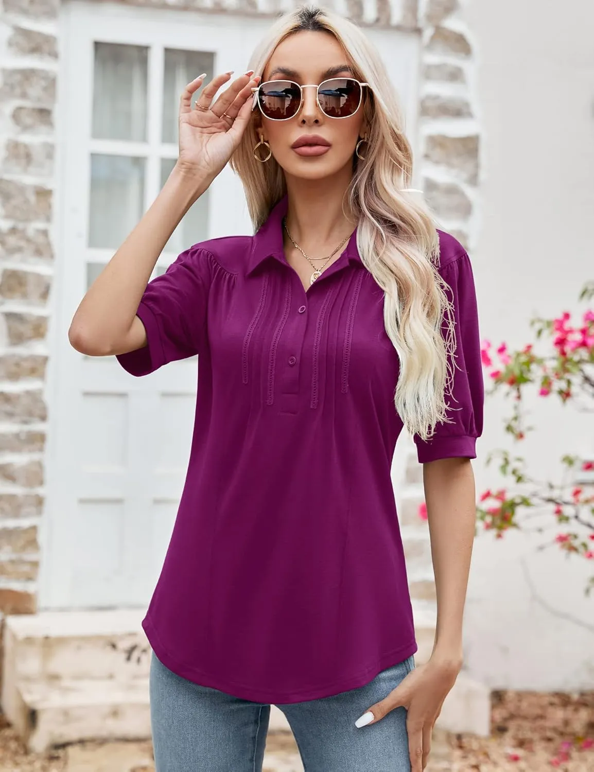 Micoson Womens Blouses Dressy Casual Short Sleeve Button Down Collared Polo Shirt Loose Tunic 2023 Summer Tops