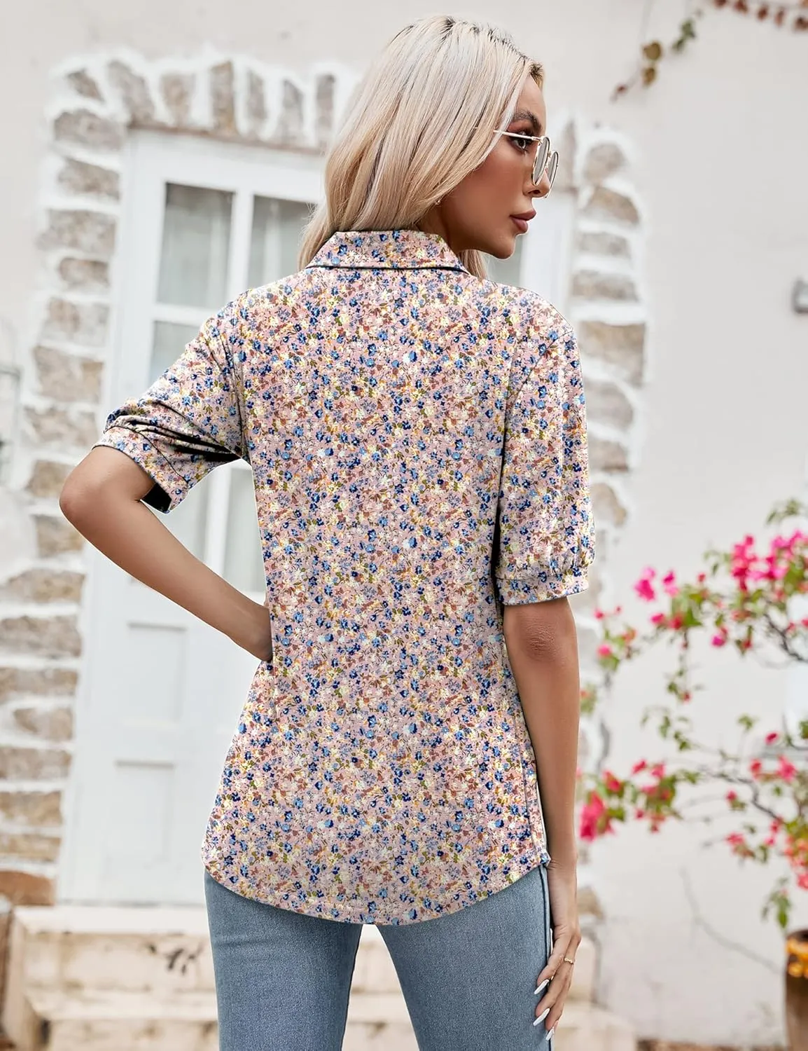 Micoson Womens Blouses Dressy Casual Short Sleeve Button Down Collared Polo Shirt Loose Tunic 2023 Summer Tops