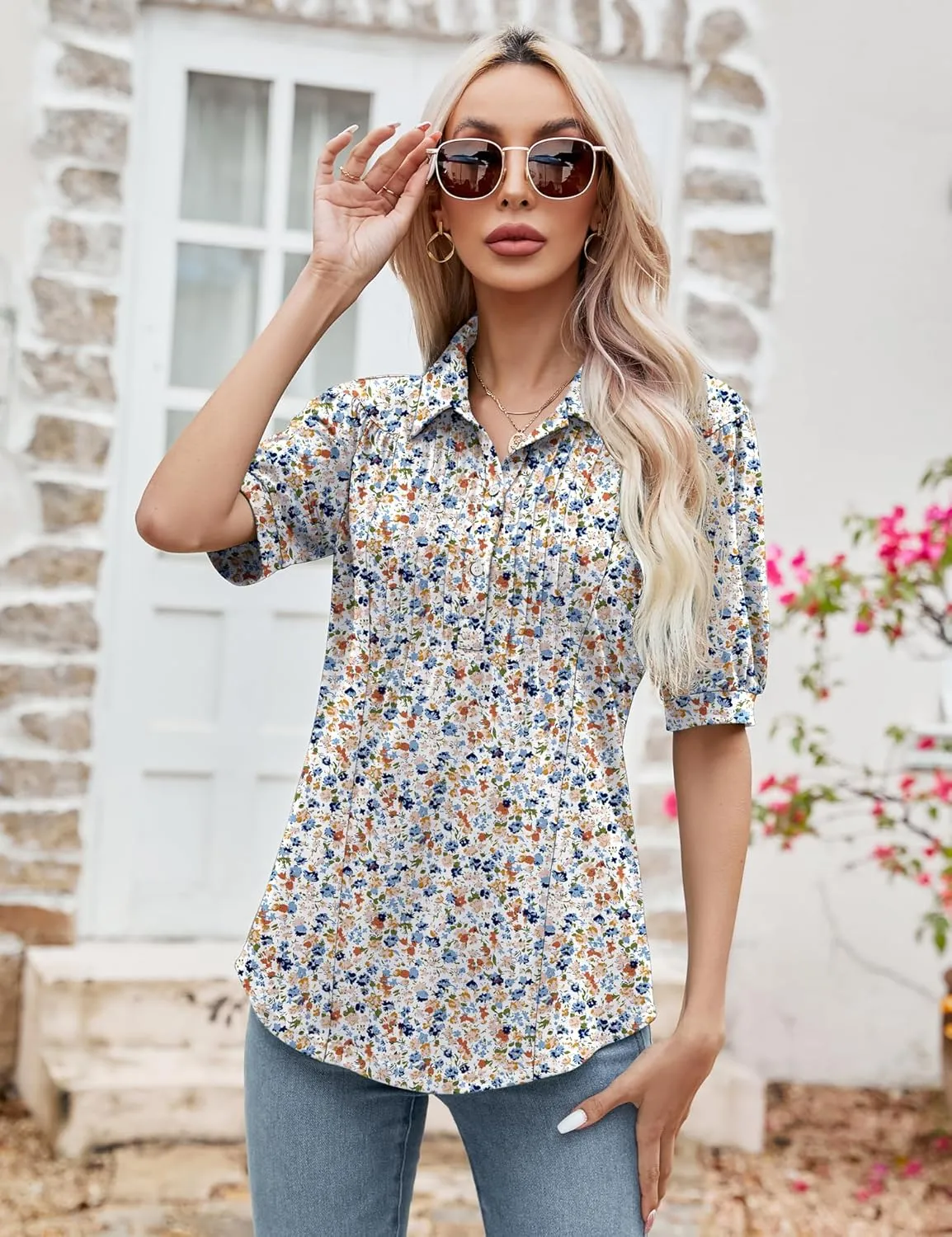 Micoson Womens Blouses Dressy Casual Short Sleeve Button Down Collared Polo Shirt Loose Tunic 2023 Summer Tops