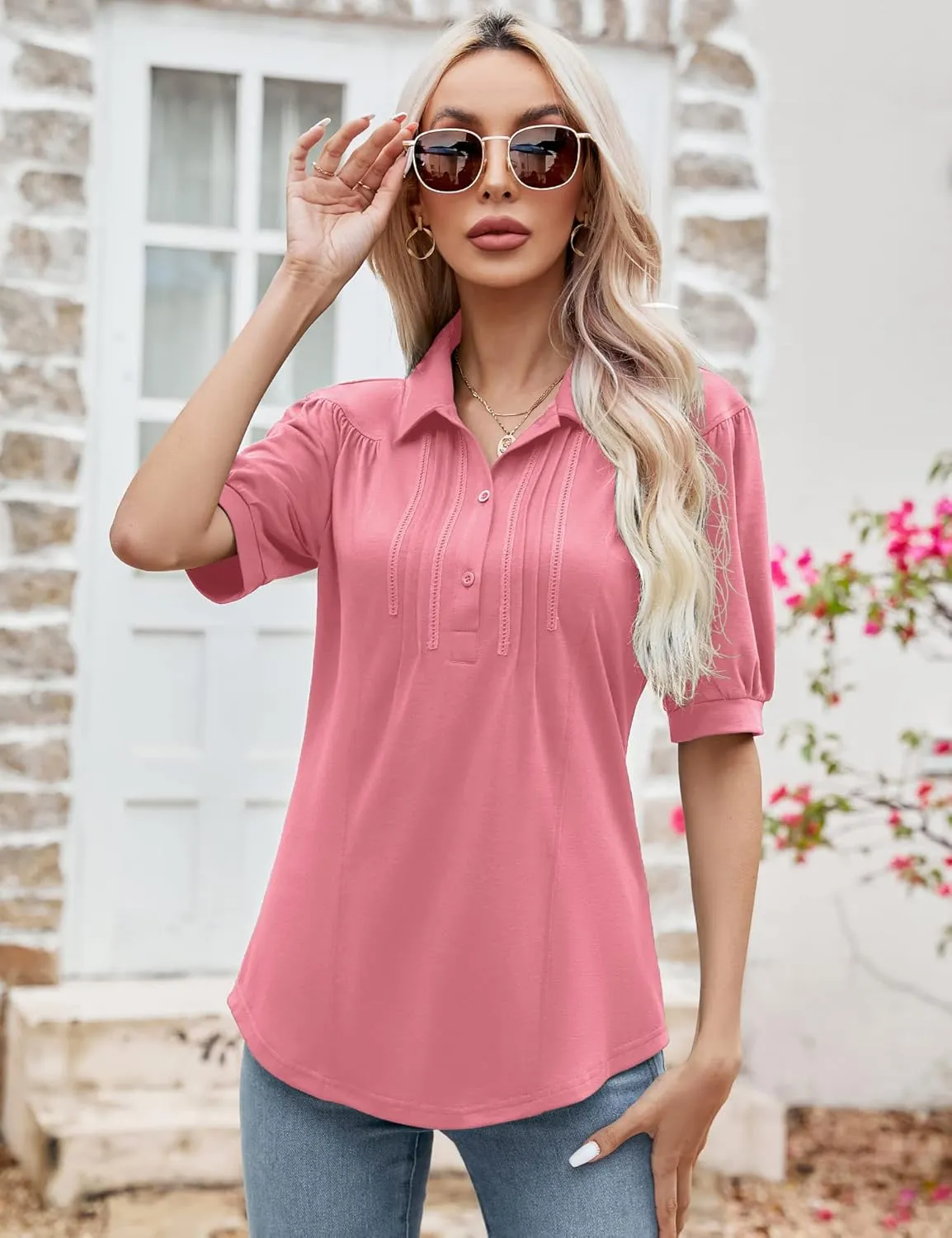 Micoson Womens Blouses Dressy Casual Short Sleeve Button Down Collared Polo Shirt Loose Tunic 2023 Summer Tops