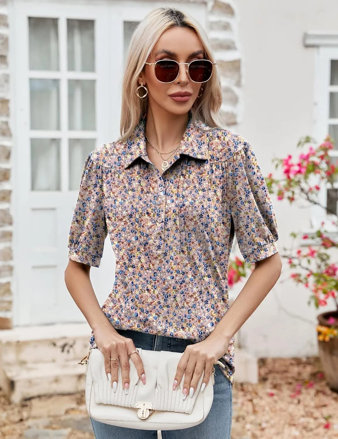 Micoson Womens Blouses Dressy Casual Short Sleeve Button Down Collared Polo Shirt Loose Tunic 2023 Summer Tops