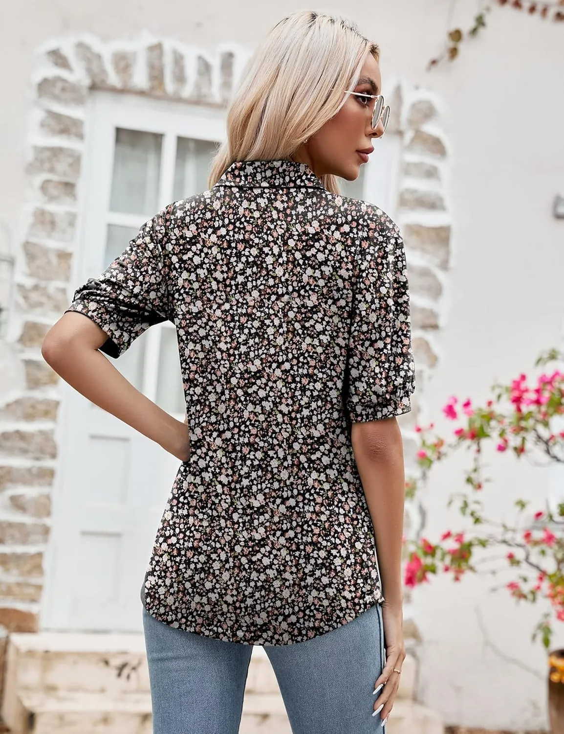 Micoson Womens Blouses Dressy Casual Short Sleeve Button Down Collared Polo Shirt Loose Tunic 2023 Summer Tops