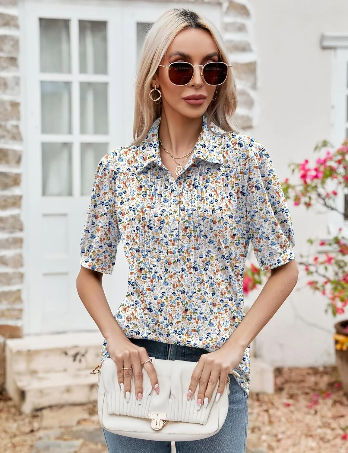 Micoson Womens Blouses Dressy Casual Short Sleeve Button Down Collared Polo Shirt Loose Tunic 2023 Summer Tops