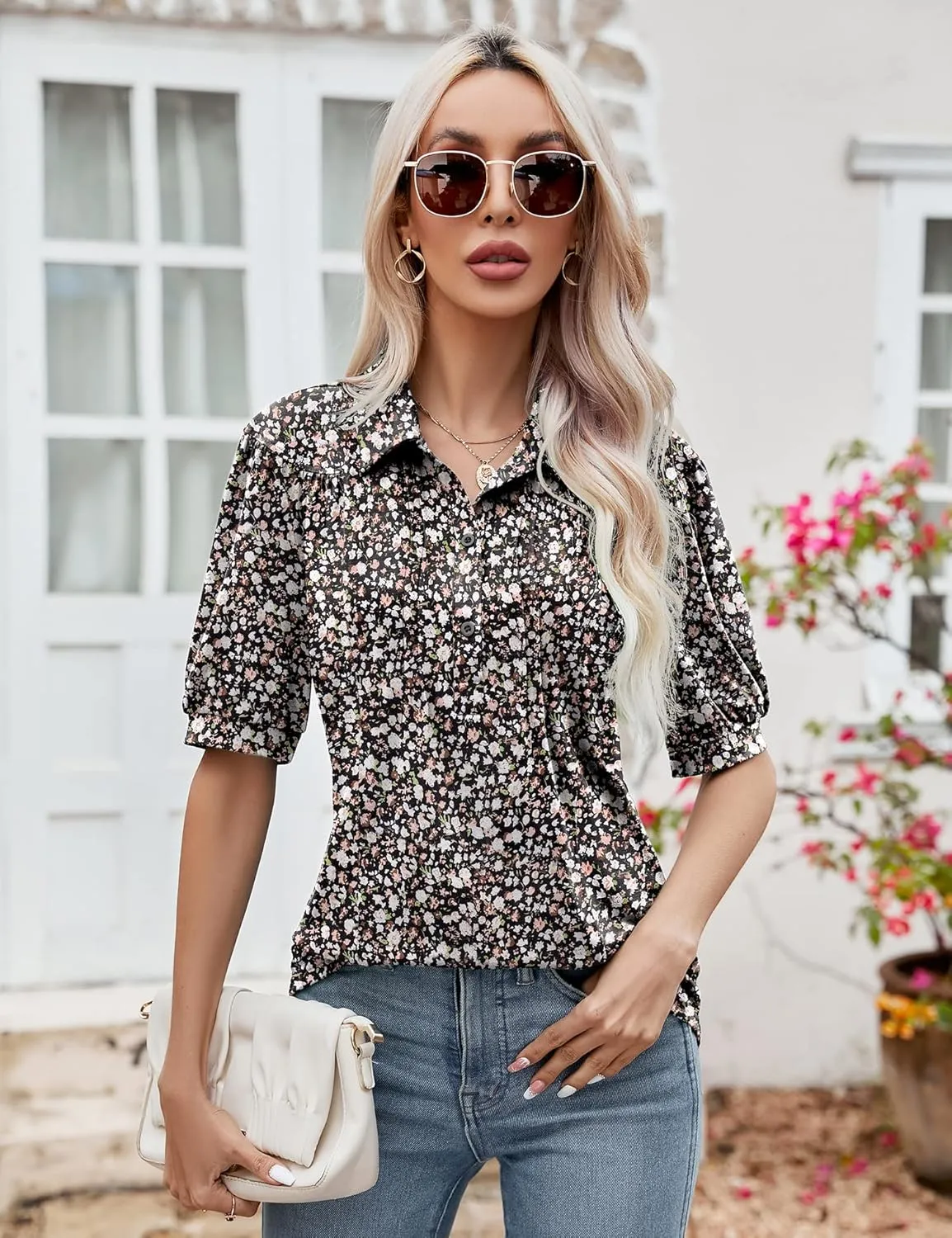 Micoson Womens Blouses Dressy Casual Short Sleeve Button Down Collared Polo Shirt Loose Tunic 2023 Summer Tops