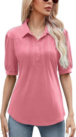 Micoson Womens Blouses Dressy Casual Short Sleeve Button Down Collared Polo Shirt Loose Tunic 2023 Summer Tops