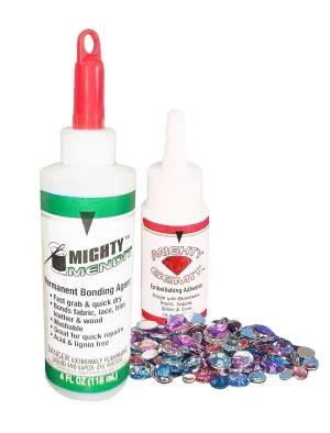 Mighty MENDIT™, Permanent Fabric Adhesive, Flexible Stretchable Washable, Clear, 4 oz, Plus Mighty GEMIT™, Embellishing Adhesive, 1 oz. Includes 50 Gems