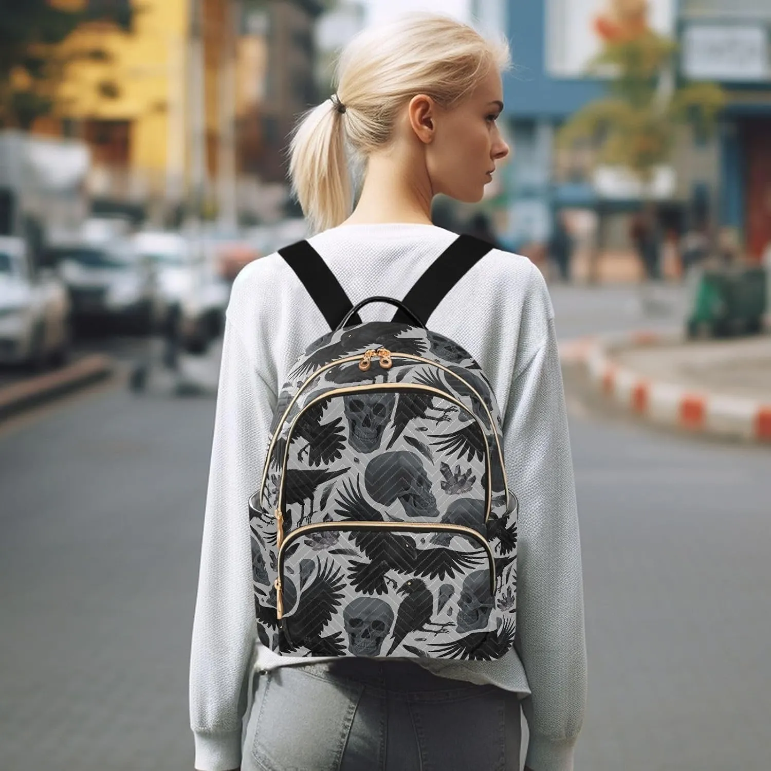 Mini Backpack Gothic Crows Skulls Gothic Fashion Backpack Purse for Women,Handbag Shoulder Bag Casual Daypack, Ladies Gift for College Work (S)