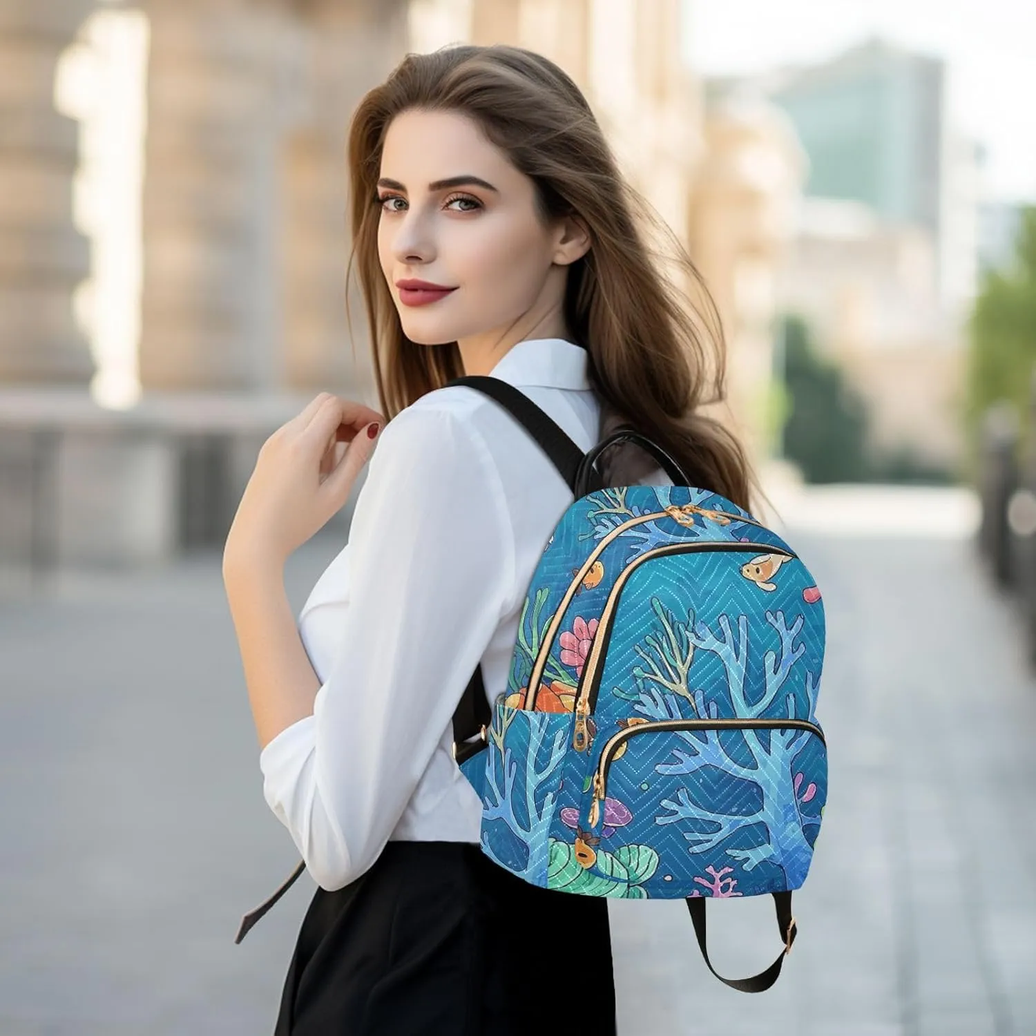 Mini Backpack Quilted Purse for Womens Small Backpack Daypack Coral Design for Travel Daily Work,Multi1