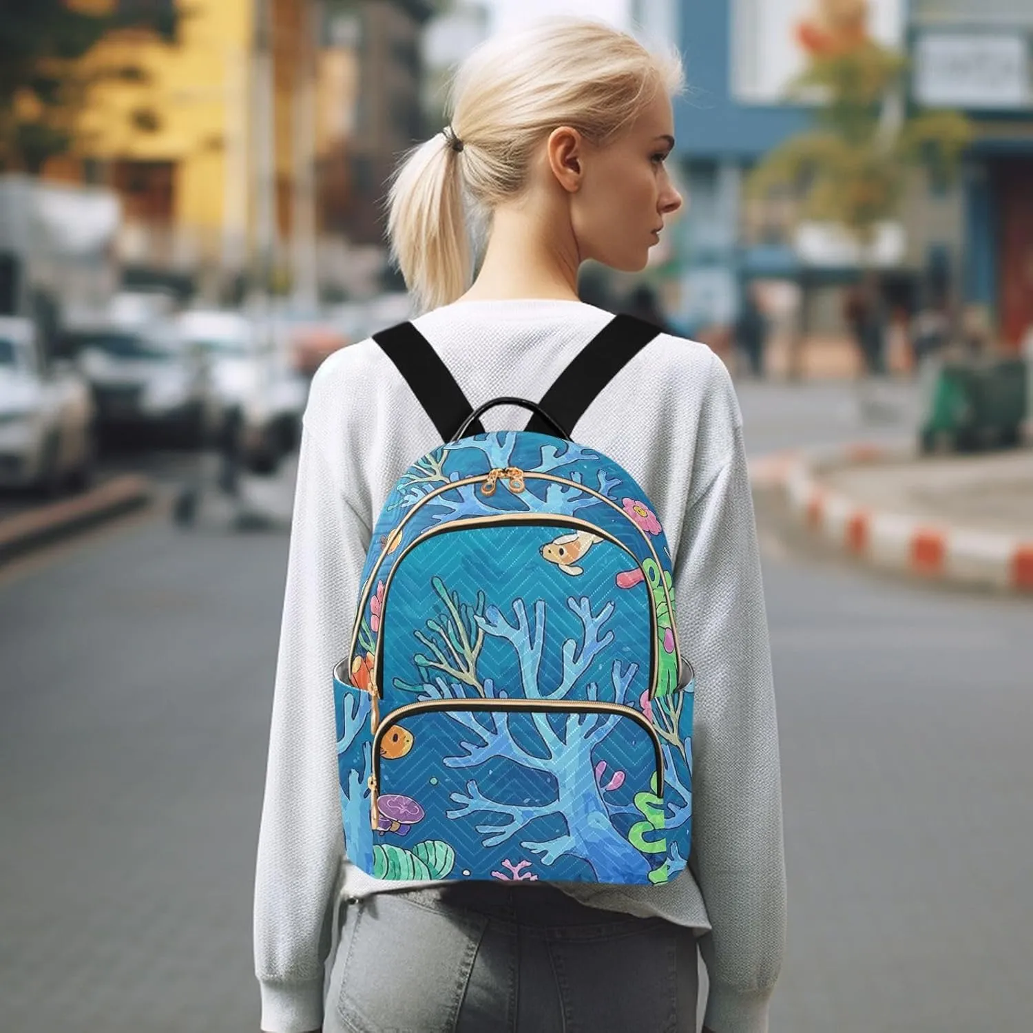 Mini Backpack Quilted Purse for Womens Small Backpack Daypack Coral Design for Travel Daily Work,Multi1