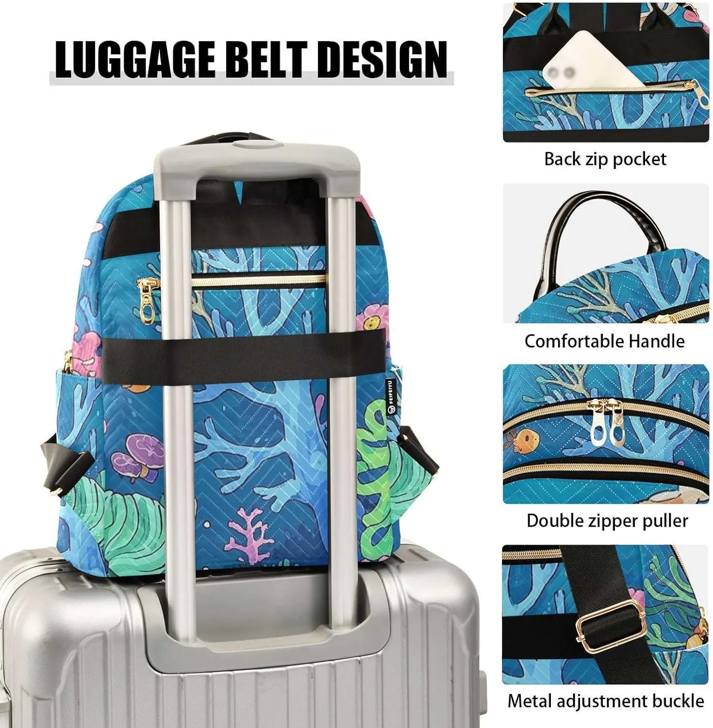 Mini Backpack Quilted Purse for Womens Small Backpack Daypack Coral Design for Travel Daily Work,Multi1