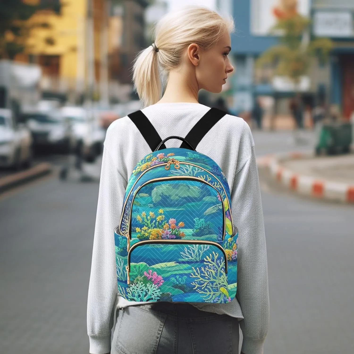 Mini Backpack Quilted Purse for Womens Small Backpack Daypack Coral Pattern for Travel Daily Work,Multi1