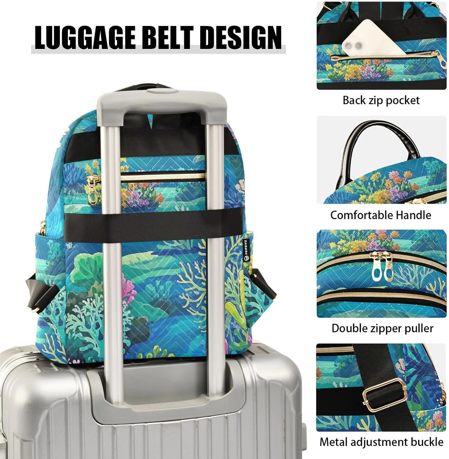 Mini Backpack Quilted Purse for Womens Small Backpack Daypack Coral Pattern for Travel Daily Work,Multi1