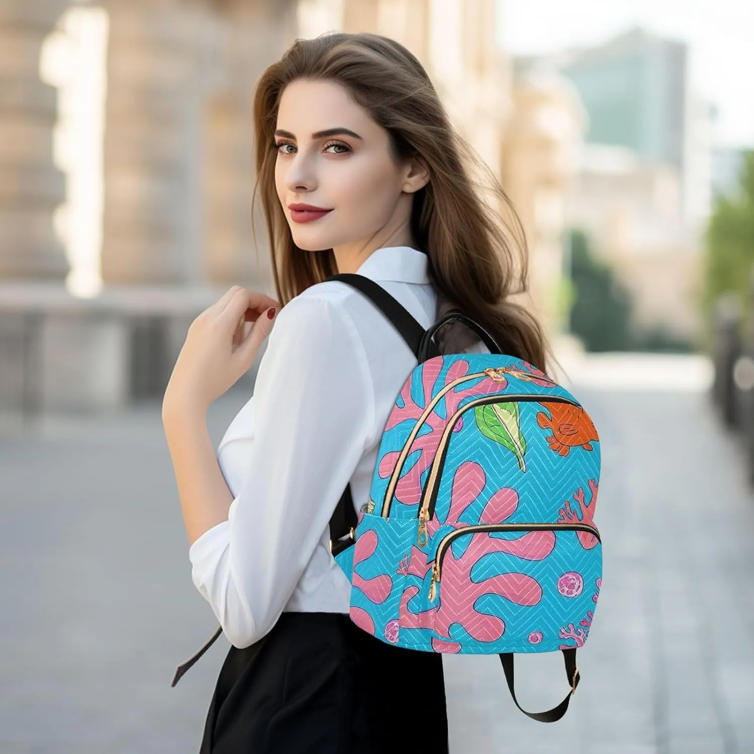 Mini Backpack Quilted Purse for Womens Small Backpack Daypack Coral Print for Travel Daily Work,Multi10