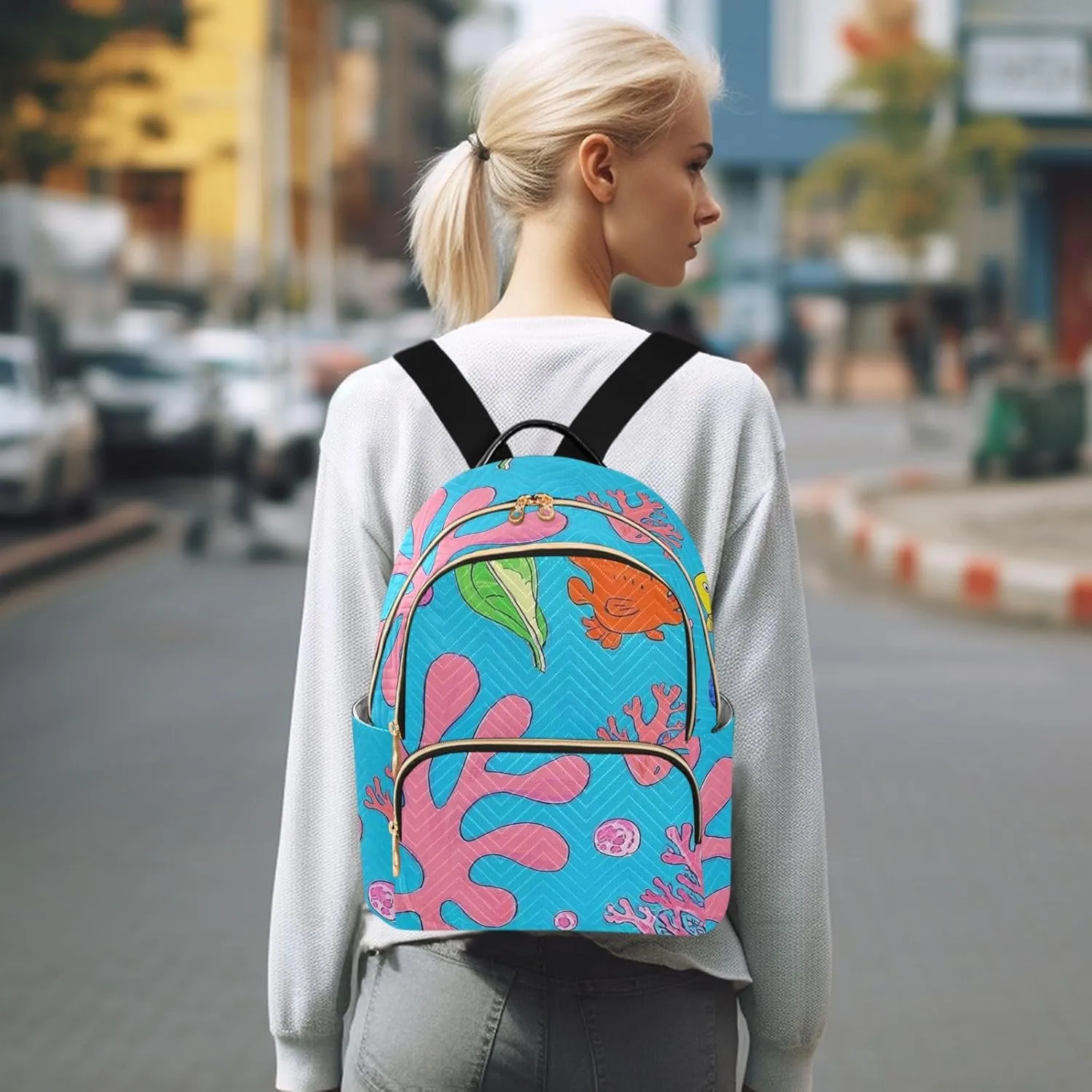 Mini Backpack Quilted Purse for Womens Small Backpack Daypack Coral Print for Travel Daily Work,Multi10