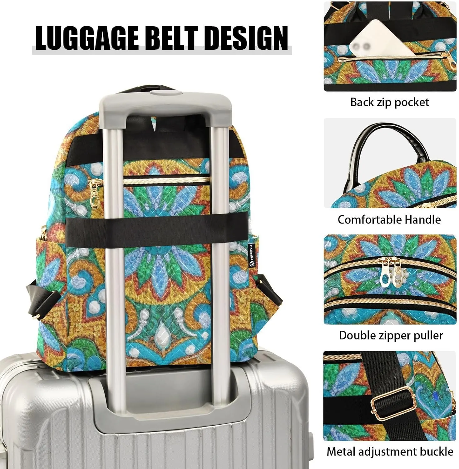 Mini Backpack Quilted Purse for Womens Small Backpack Daypack Embroider Pattern for Travel Daily Camping,Multi3