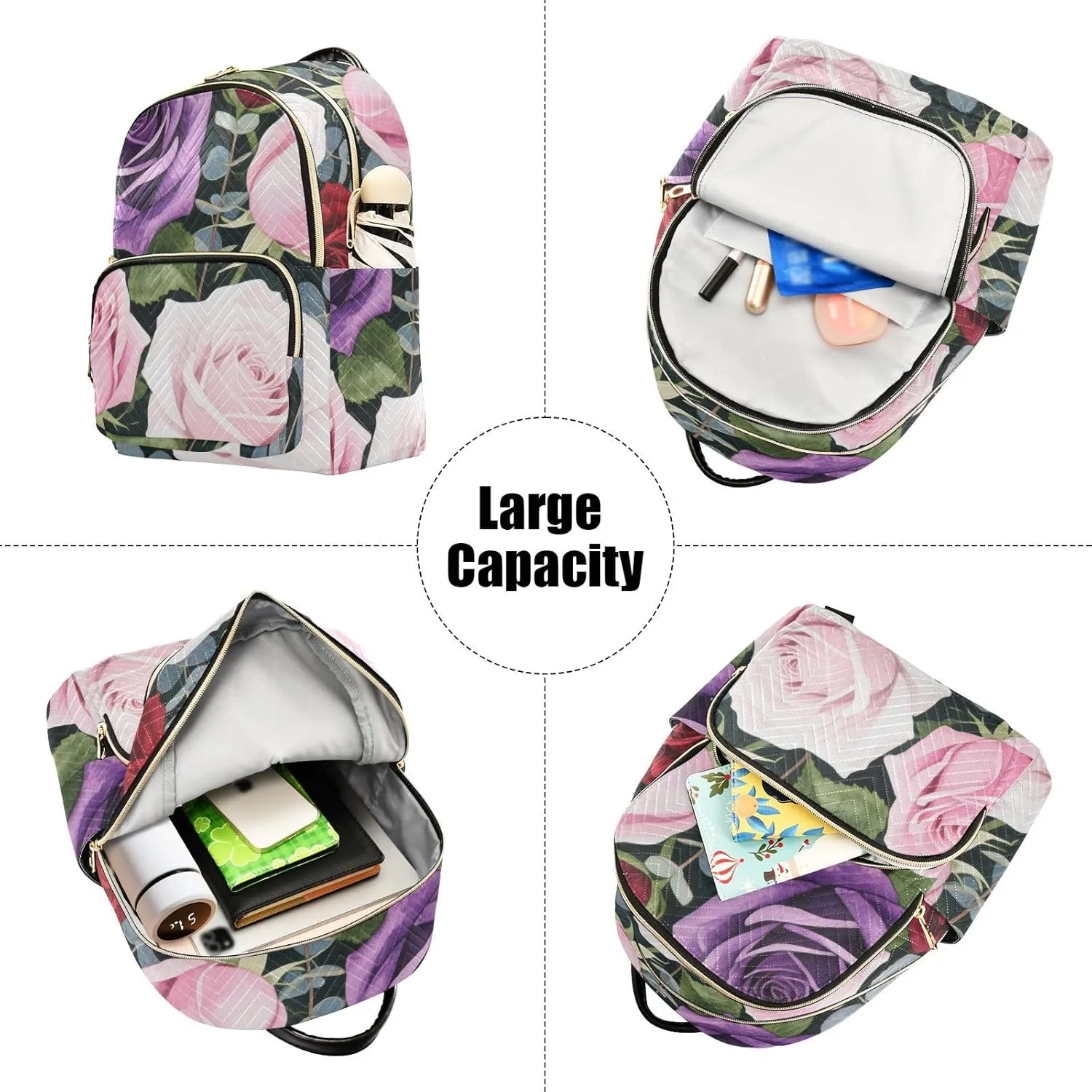 Mini Backpack Quilted Purse for Womens Small Backpack Daypack Rose Design for Travel Daily Camping,Multi11