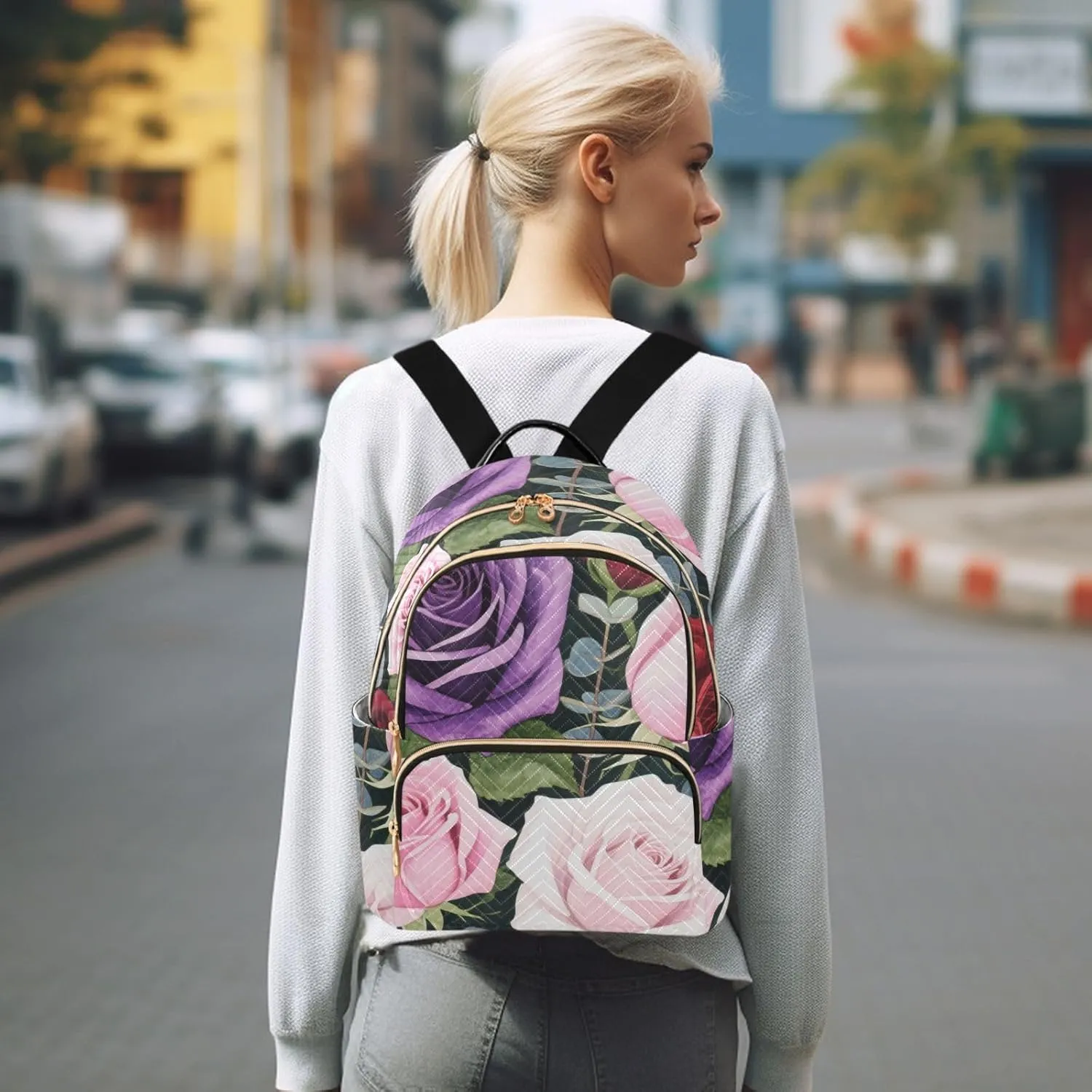 Mini Backpack Quilted Purse for Womens Small Backpack Daypack Rose Design for Travel Daily Camping,Multi11