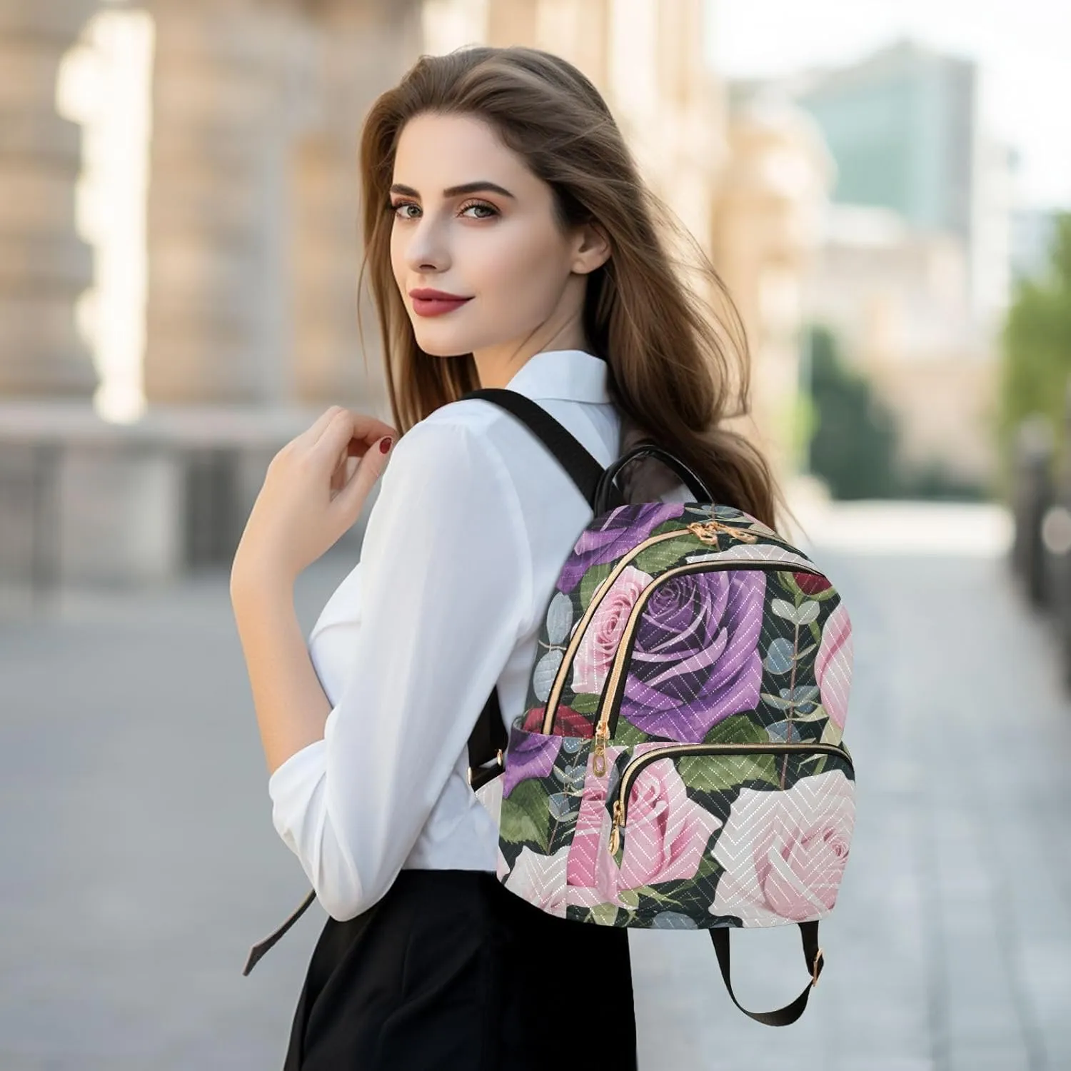 Mini Backpack Quilted Purse for Womens Small Backpack Daypack Rose Design for Travel Daily Camping,Multi11
