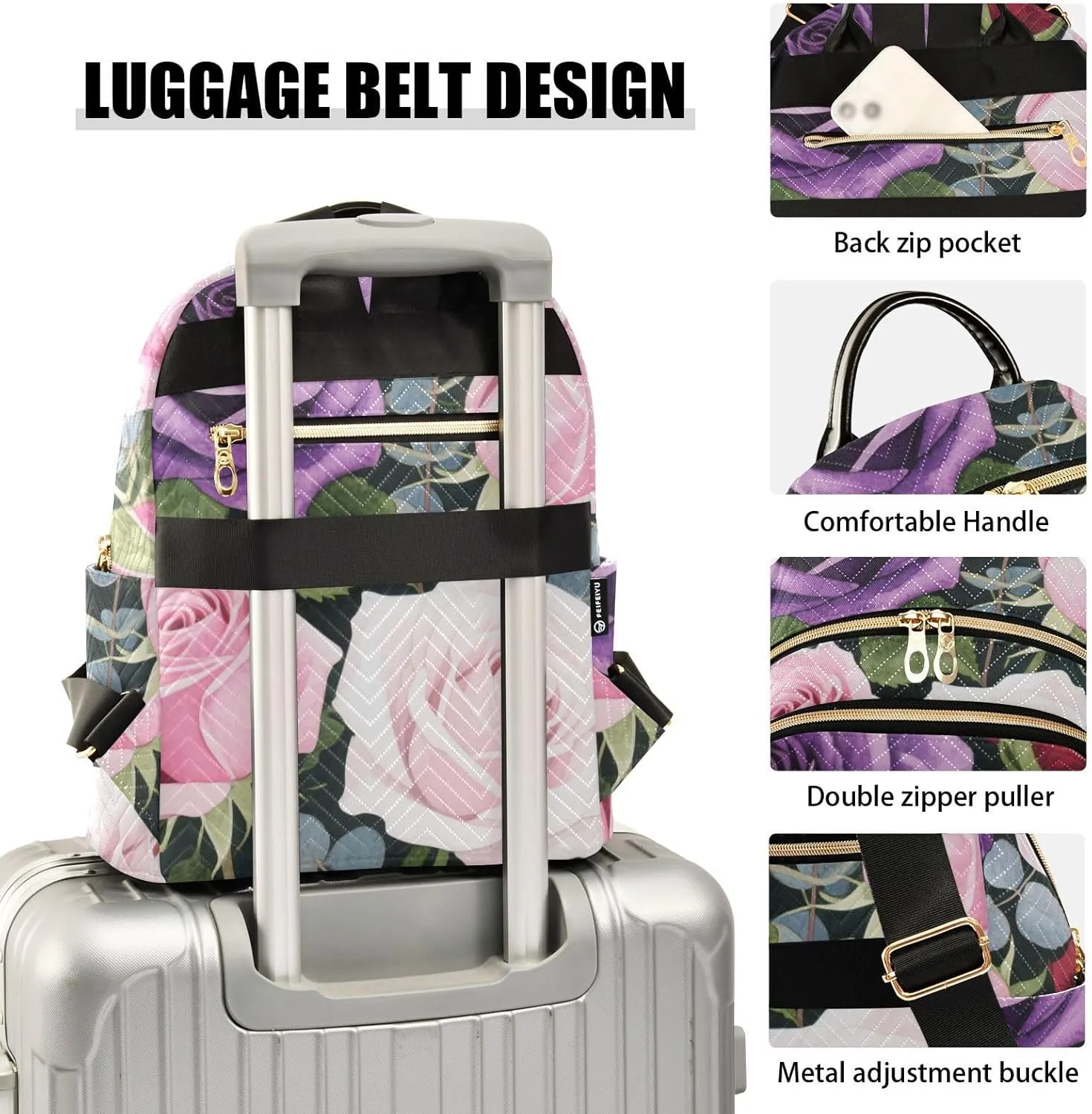 Mini Backpack Quilted Purse for Womens Small Backpack Daypack Rose Design for Travel Daily Camping,Multi11