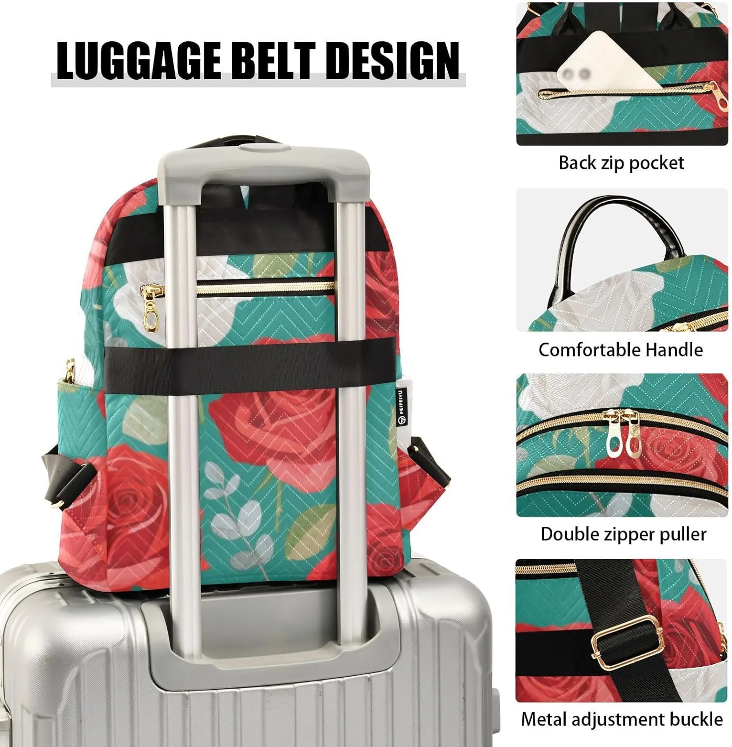 Mini Backpack Quilted Purse for Womens Small Backpack Daypack Rose Design for Travel Daily Work,Multi3