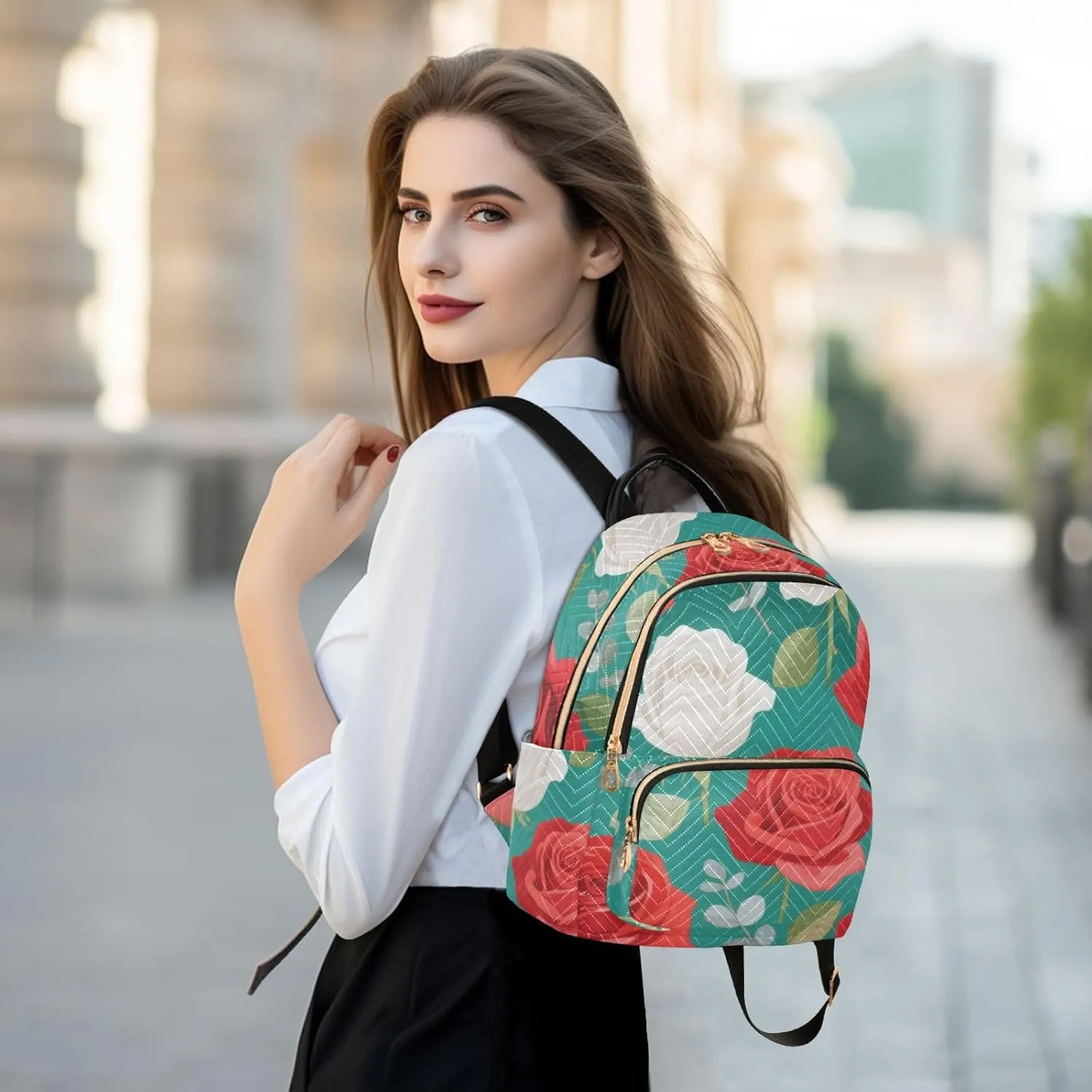 Mini Backpack Quilted Purse for Womens Small Backpack Daypack Rose Design for Travel Daily Work,Multi3