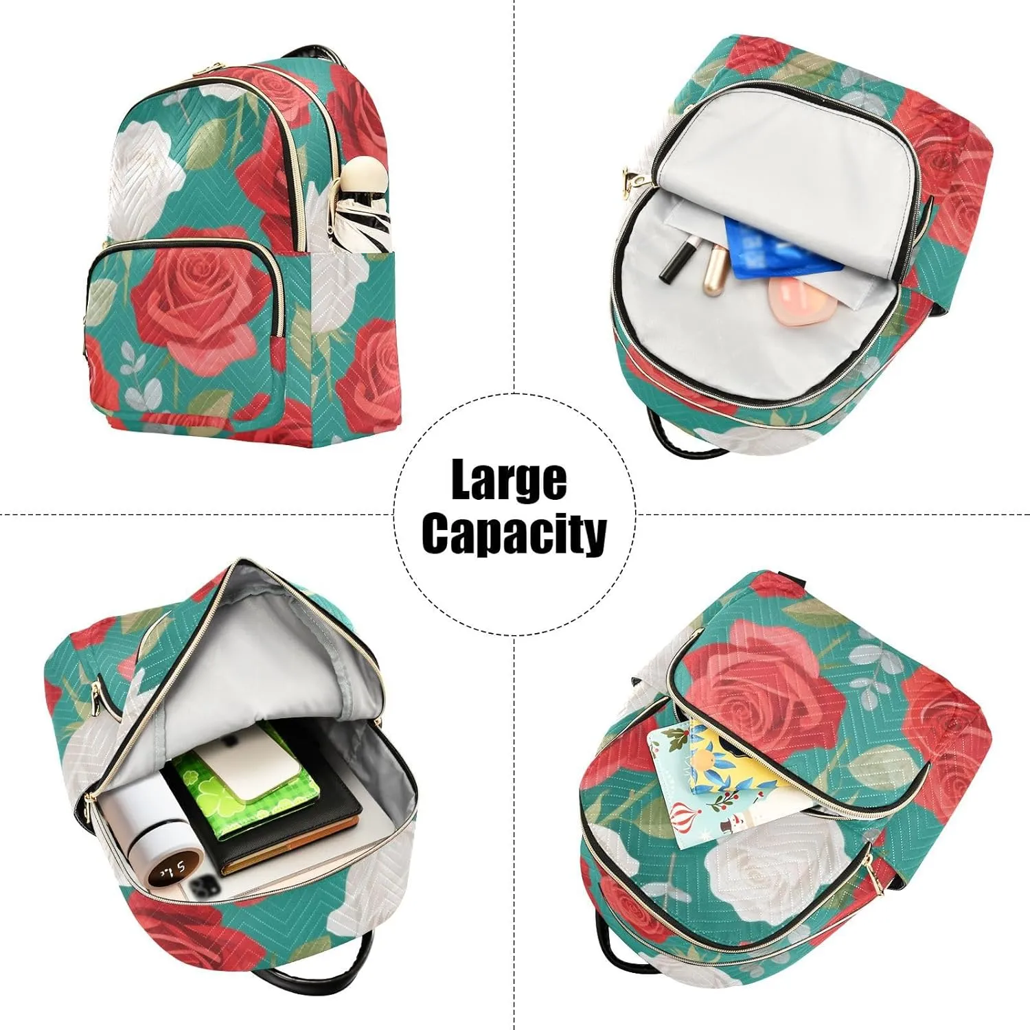 Mini Backpack Quilted Purse for Womens Small Backpack Daypack Rose Design for Travel Daily Work,Multi3