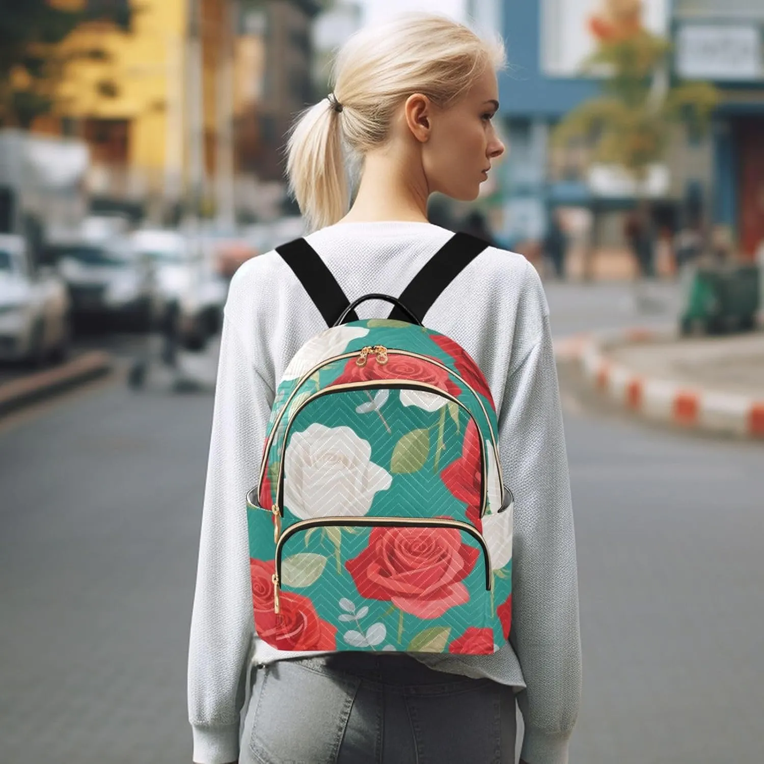Mini Backpack Quilted Purse for Womens Small Backpack Daypack Rose Design for Travel Daily Work,Multi3
