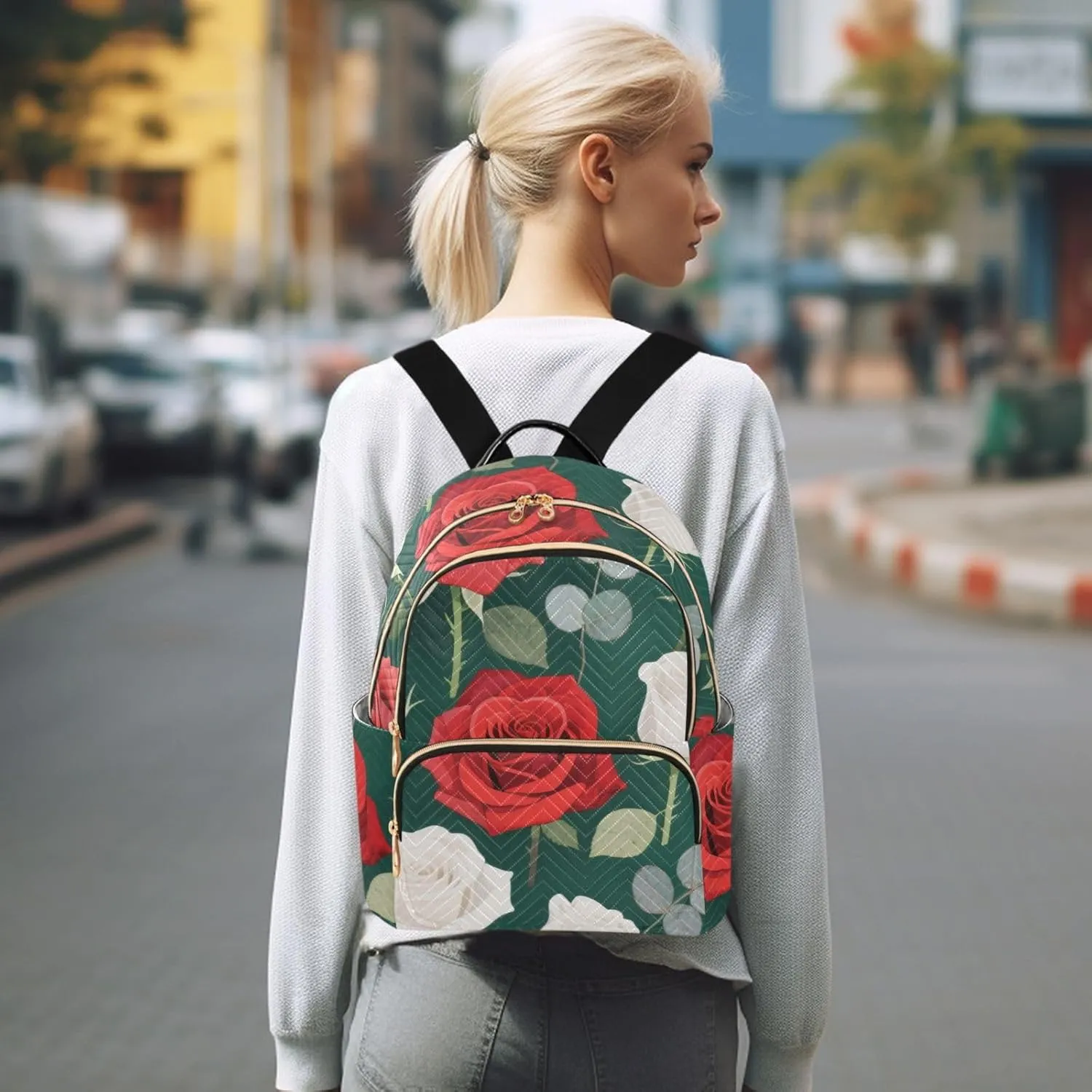 Mini Backpack Quilted Purse for Womens Small Backpack Daypack Rose Pattern for Travel Daily Camping,Multi10