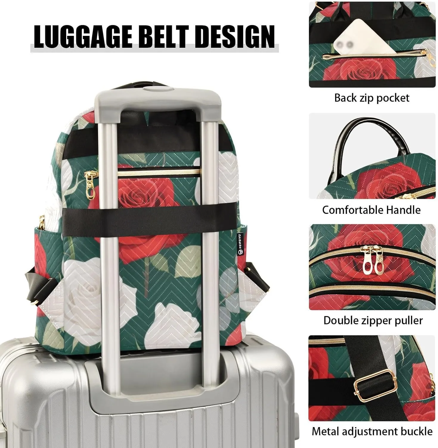 Mini Backpack Quilted Purse for Womens Small Backpack Daypack Rose Pattern for Travel Daily Camping,Multi10